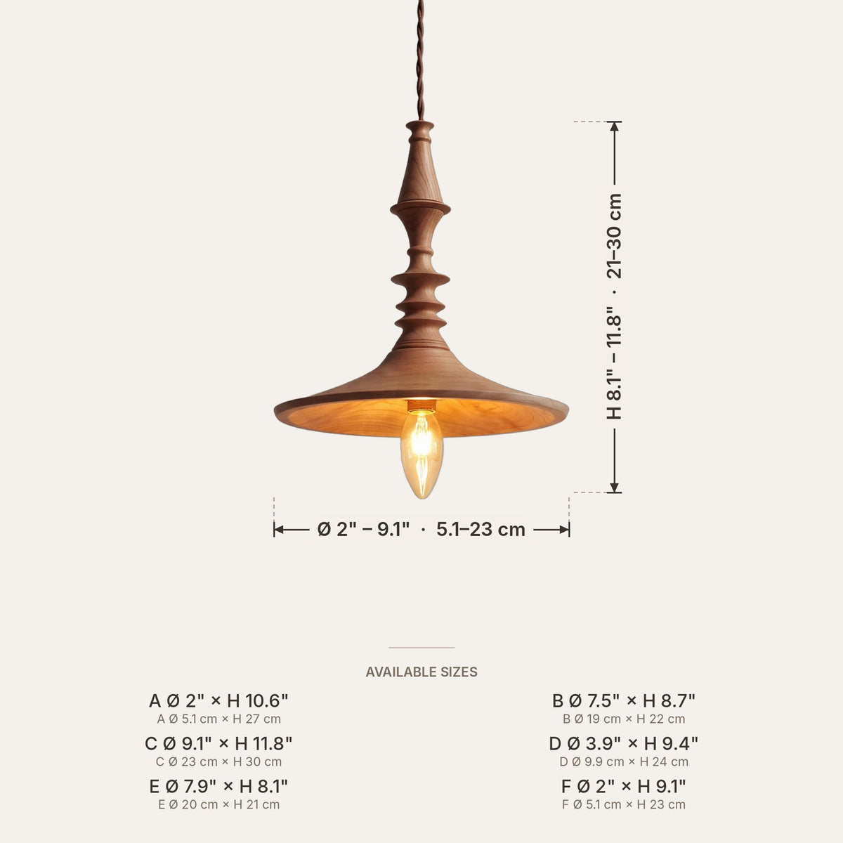 Toupie dimensions in inches and cm