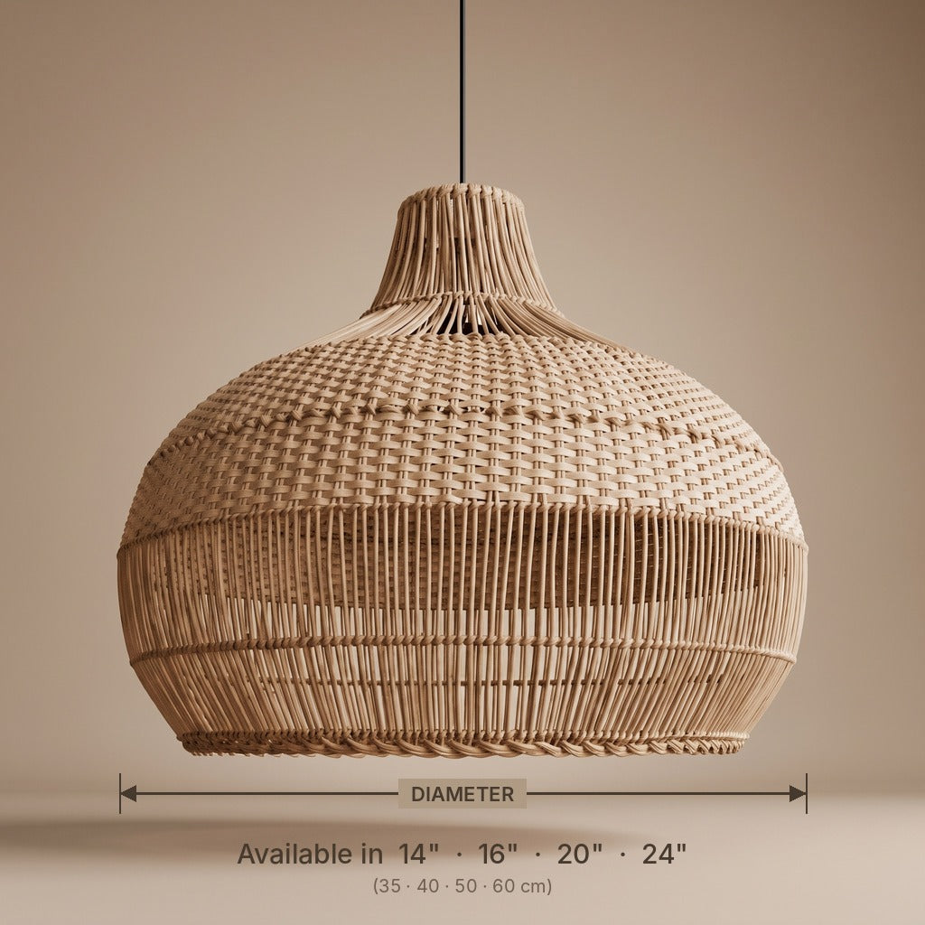 Rattan pendant lamp shade dimensions, available in 14, 16, 20 and 24 inch diameters