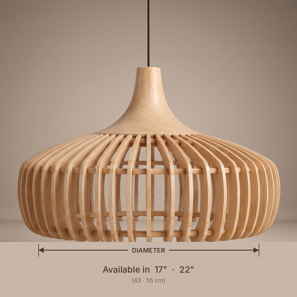 Curved wood slat pendant lamp shade dimensions and available diameters in inches
