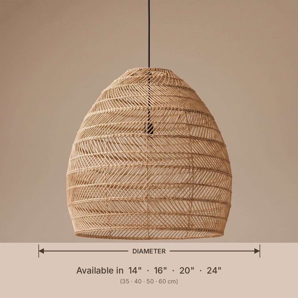 Wicker cloche pendant lamp shade dimensions and available diameters in inches