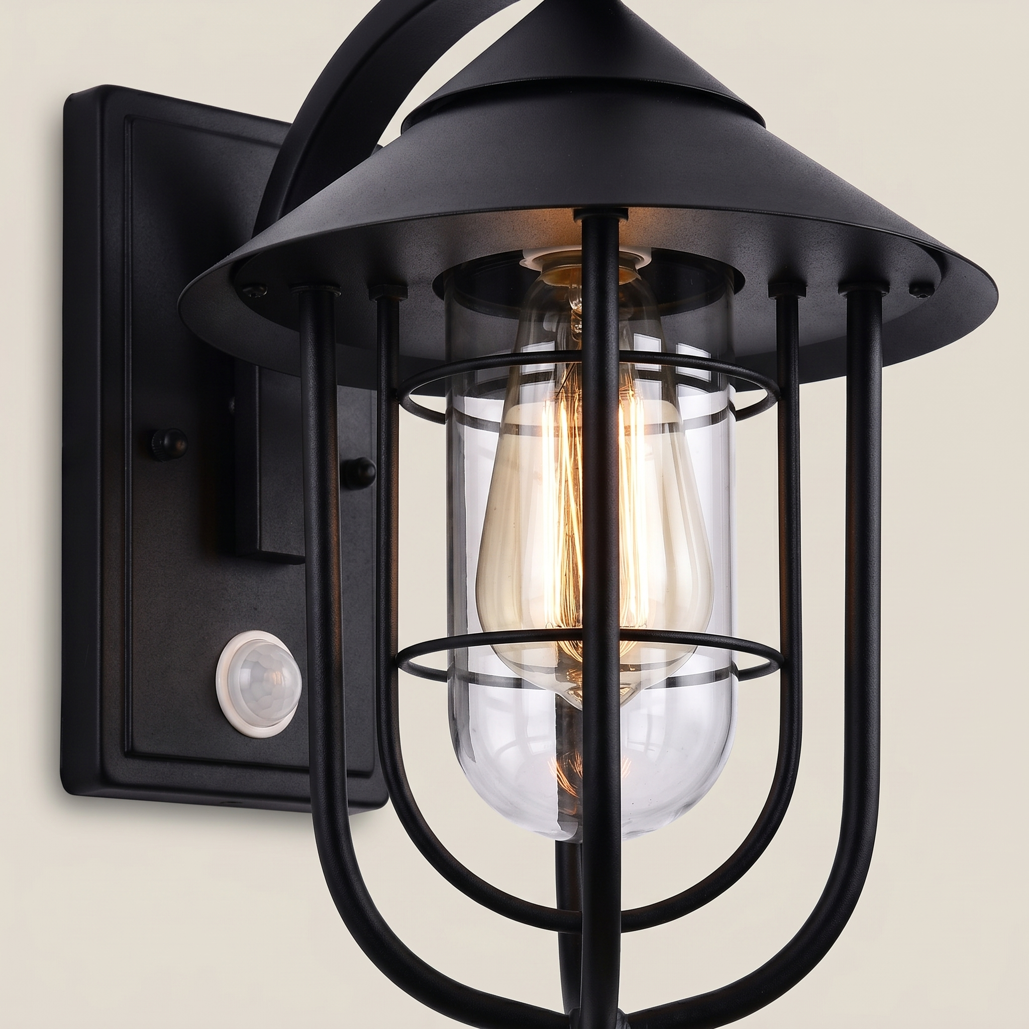 Iron Matte Black Conical Cage Motion Sensor LED Outdoor Wall Sconce