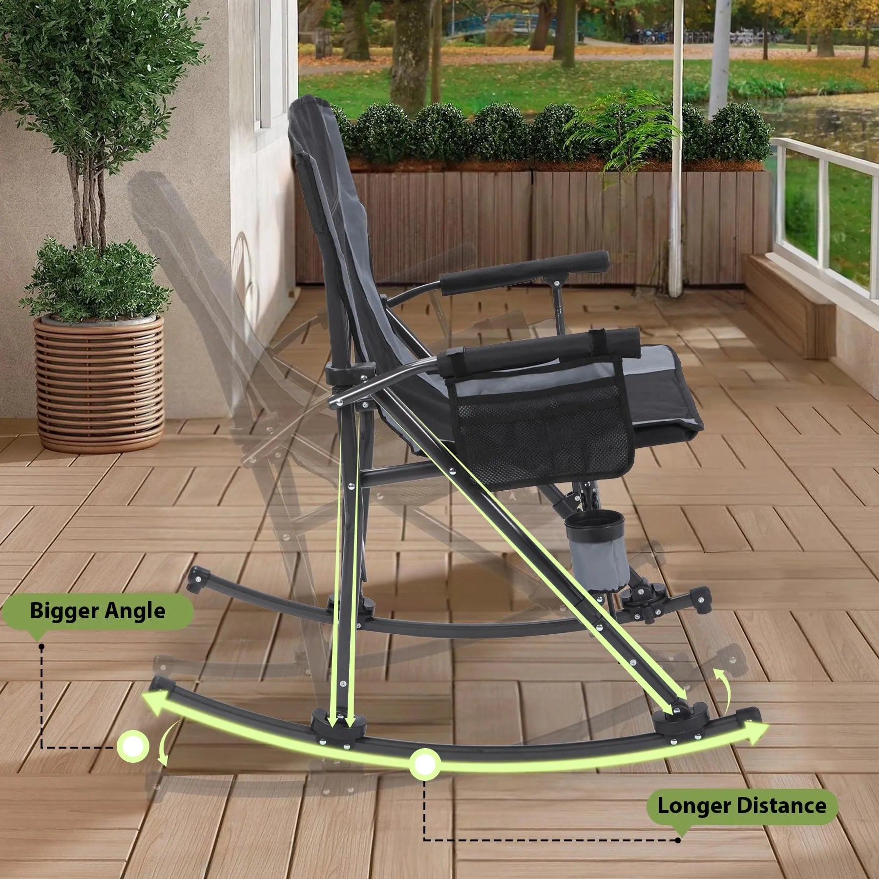 Black portable outdoor rocking camping chair's rocking mechanism diagram, showing bigger angle and longer distance of motion on a deck.