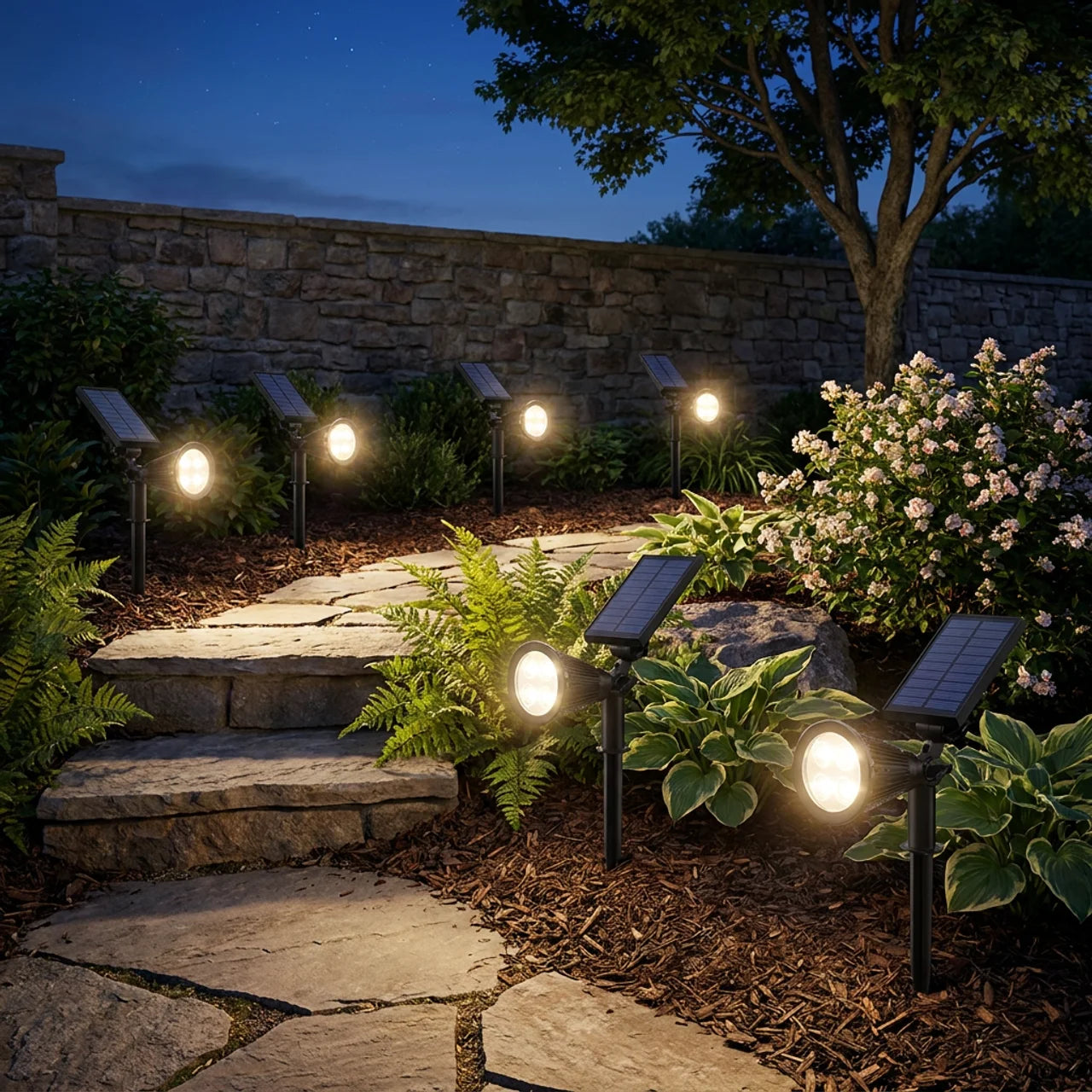 ABS White Adjustable Solar 7-Light Outdoor Tree Spotlight