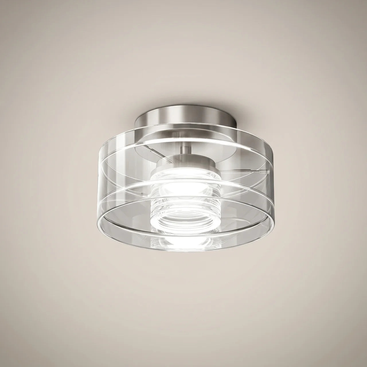 Modern Italian walnut wood aluminum LED ceiling light with walnut base close-up front view emitting soft even light
