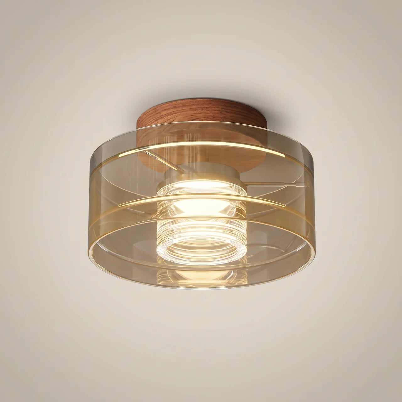 Modern Italian black aluminum LED ceiling light with black base top-down detail shot showing clear glass shade texture