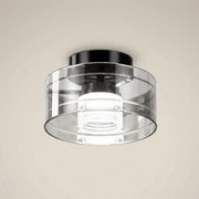 Modern Italian walnut wood aluminum adjustable color temperature LED flush mount ceiling light with walnut top base front view and clear glass shade