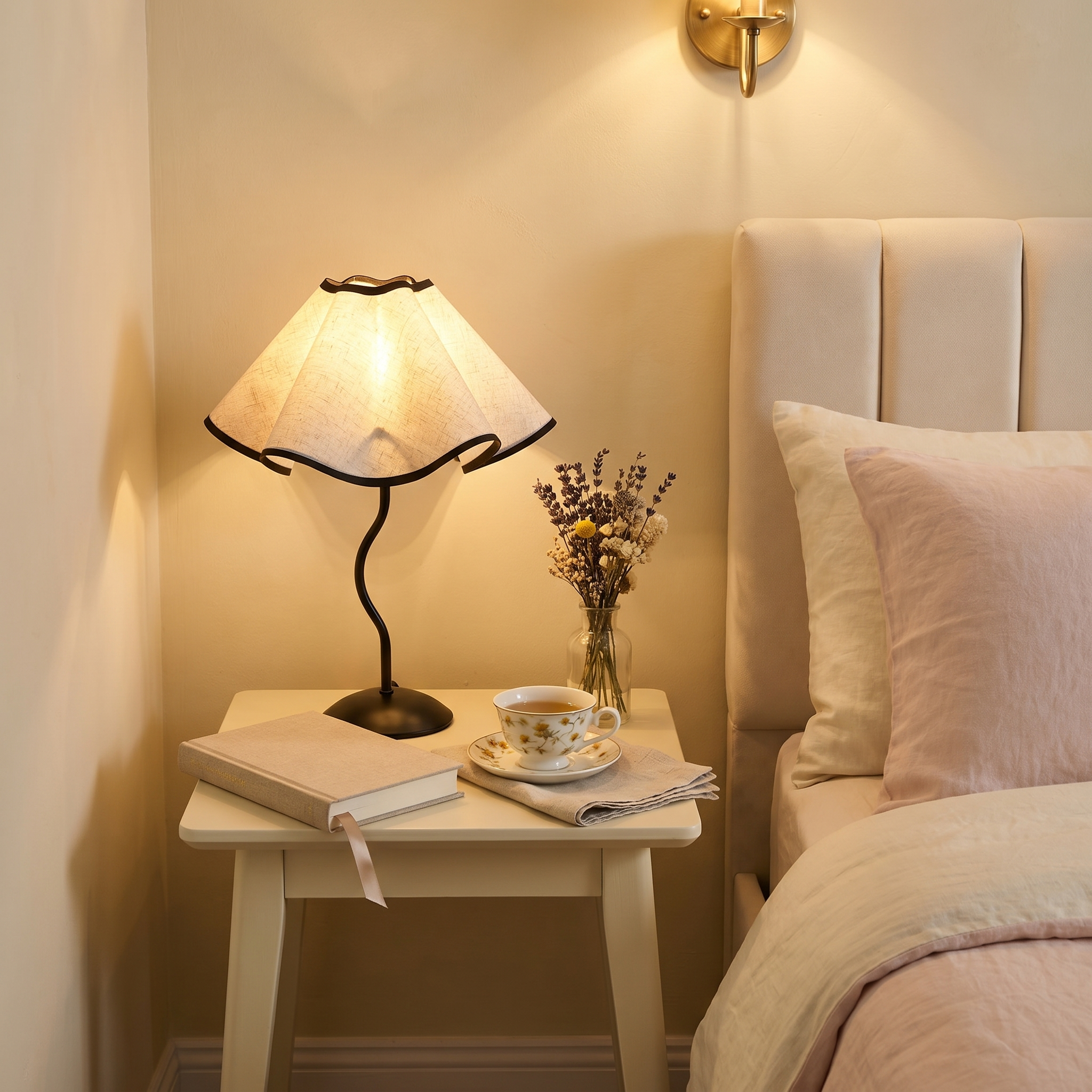 Cotton Linen Petal Fabric Metal Base 7W Eye-Care LED Bedside Lamp