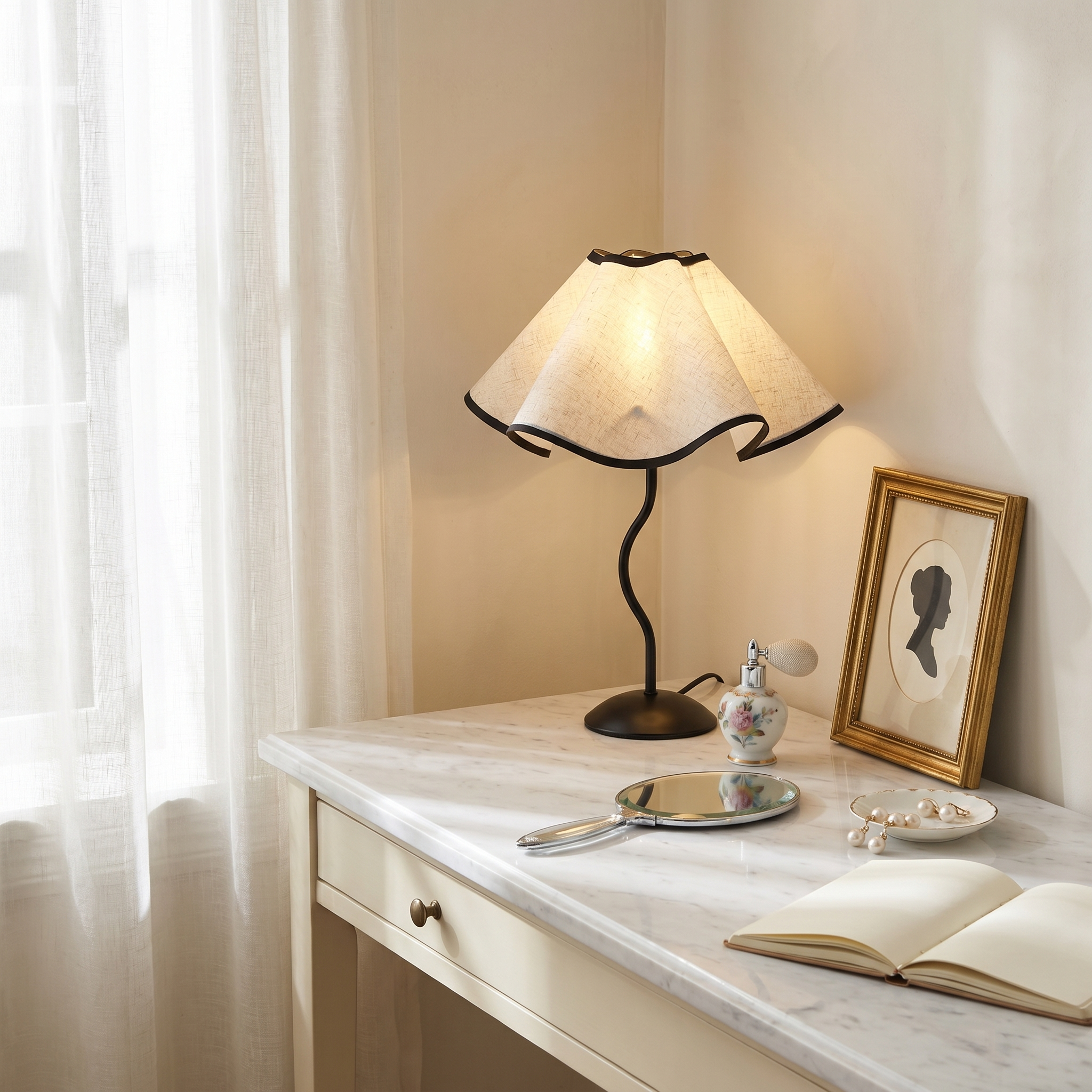 Cotton Linen Petal Fabric Metal Base 7W Eye-Care LED Bedside Lamp