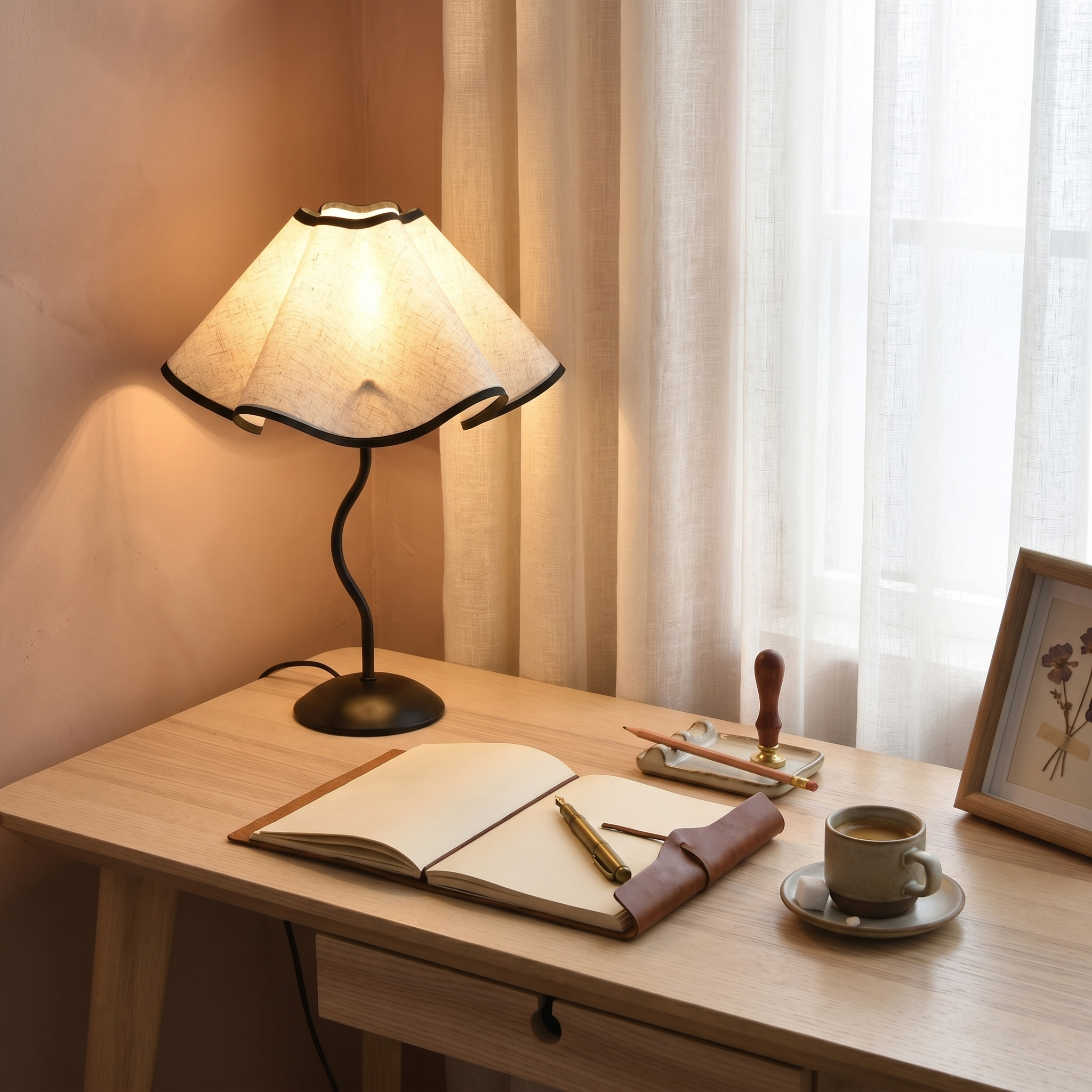 Cotton Linen Petal Fabric Metal Base 7W Eye-Care LED Bedside Lamp