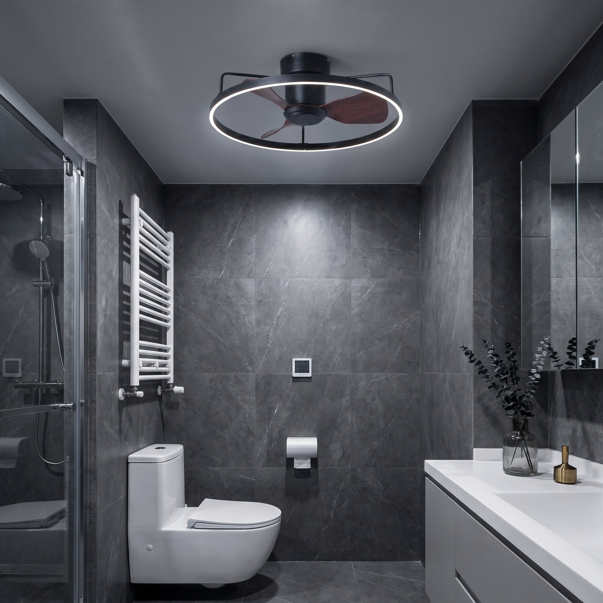 Lifestyle scene — Iron Walnut Flush Mount Silent Motor LED Ceiling Light Fan