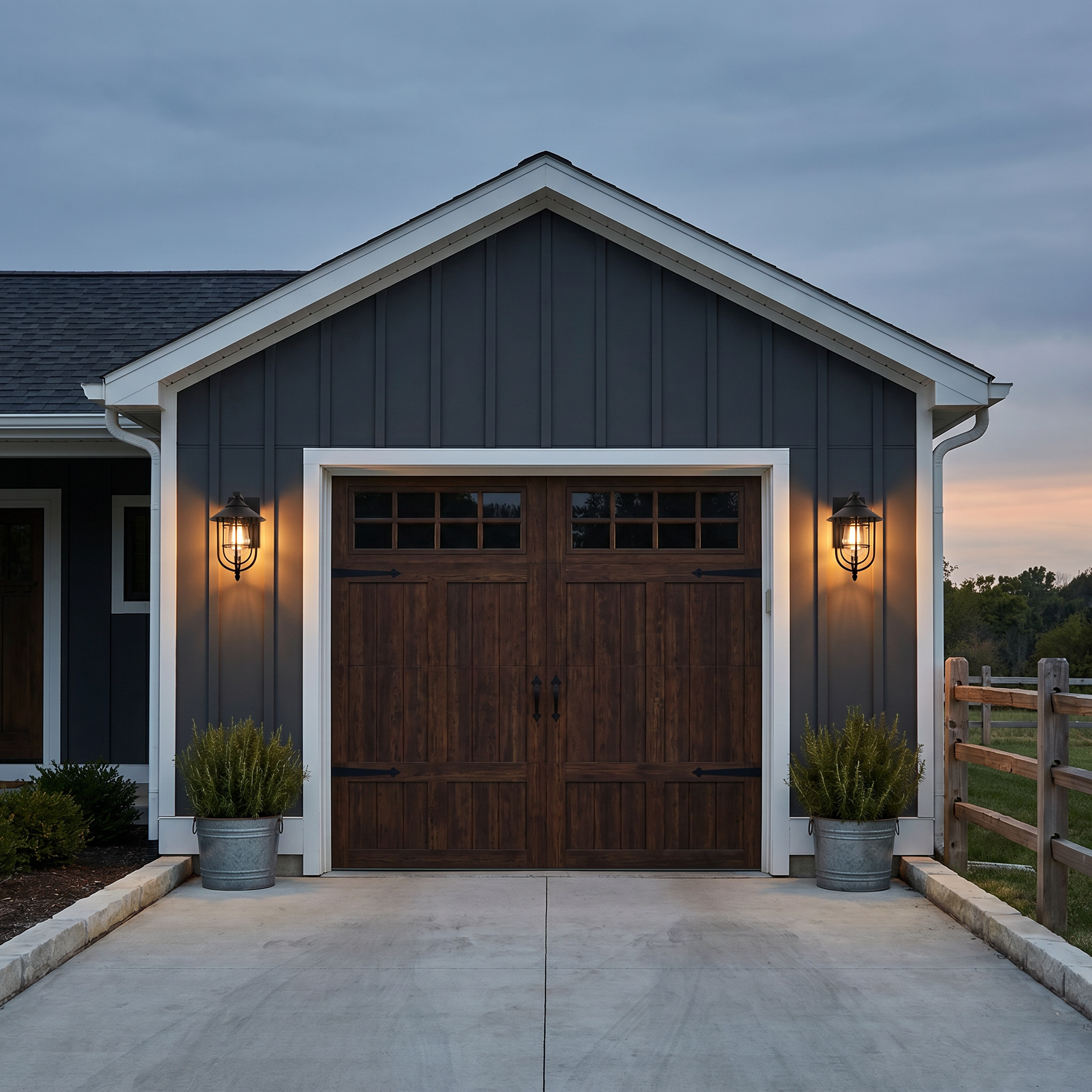 Lifestyle scene — Iron Matte Black Conical Cage Motion Sensor LED Outdoor Wall Sconce