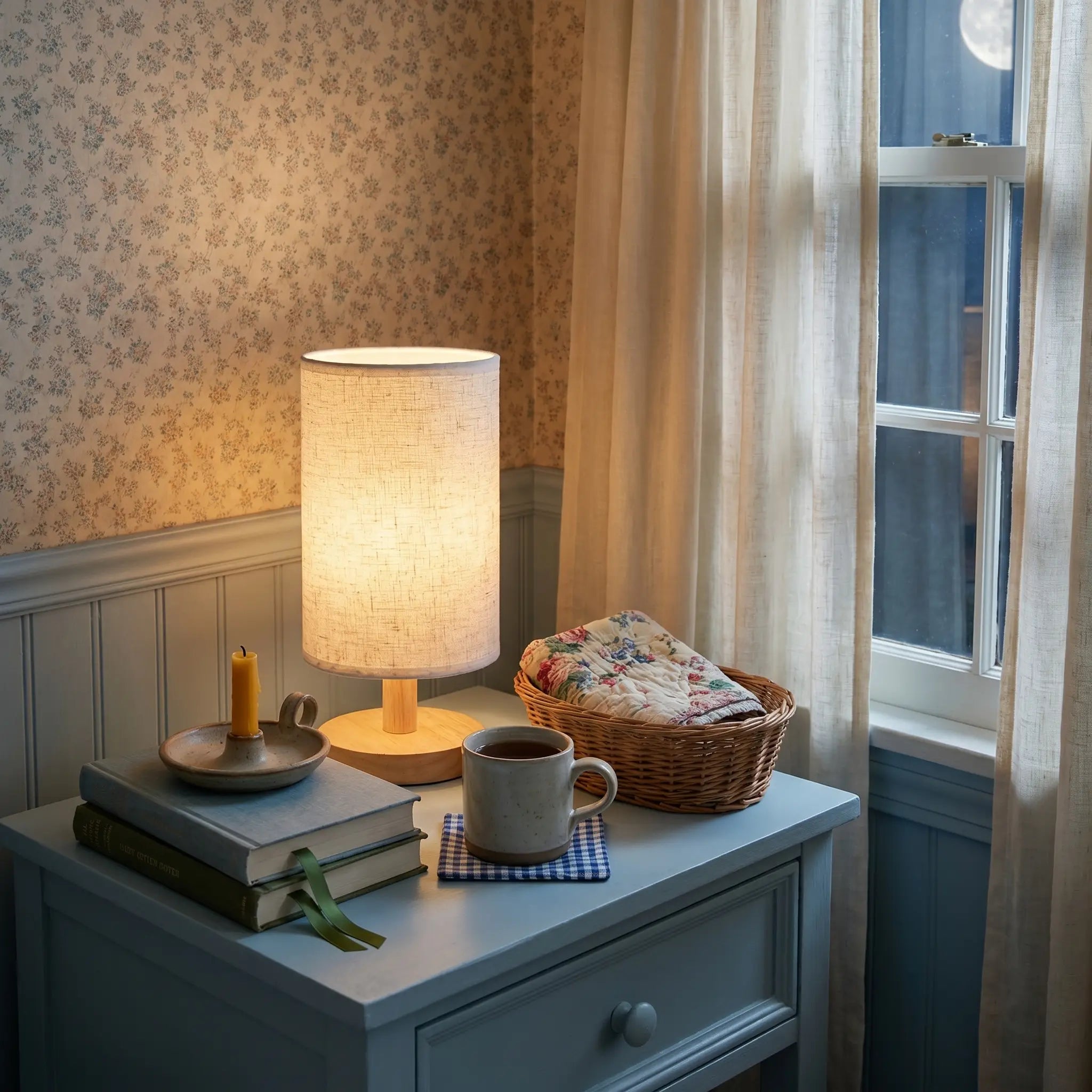 Lifestyle scene — Solid Bamboo Wood Linen Fabric USB Rechargeable Adjustable LED Table Lamp