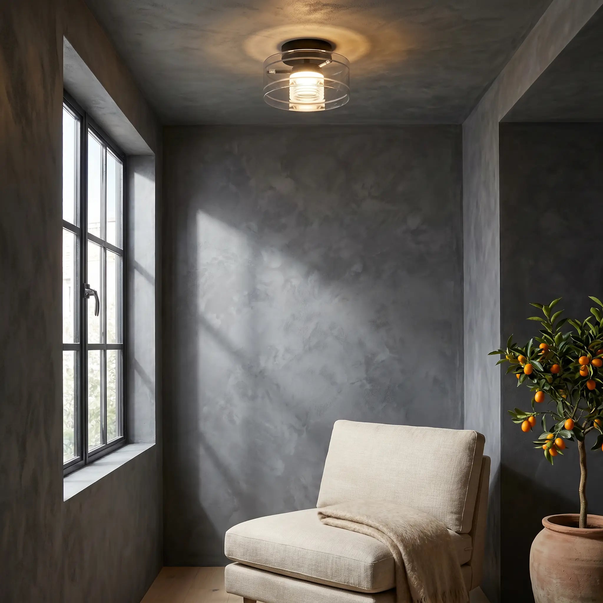 Modern Italian walnut wood aluminum LED ceiling light shown at three-quarter angle with walnut base on enclosed balcony under natural light