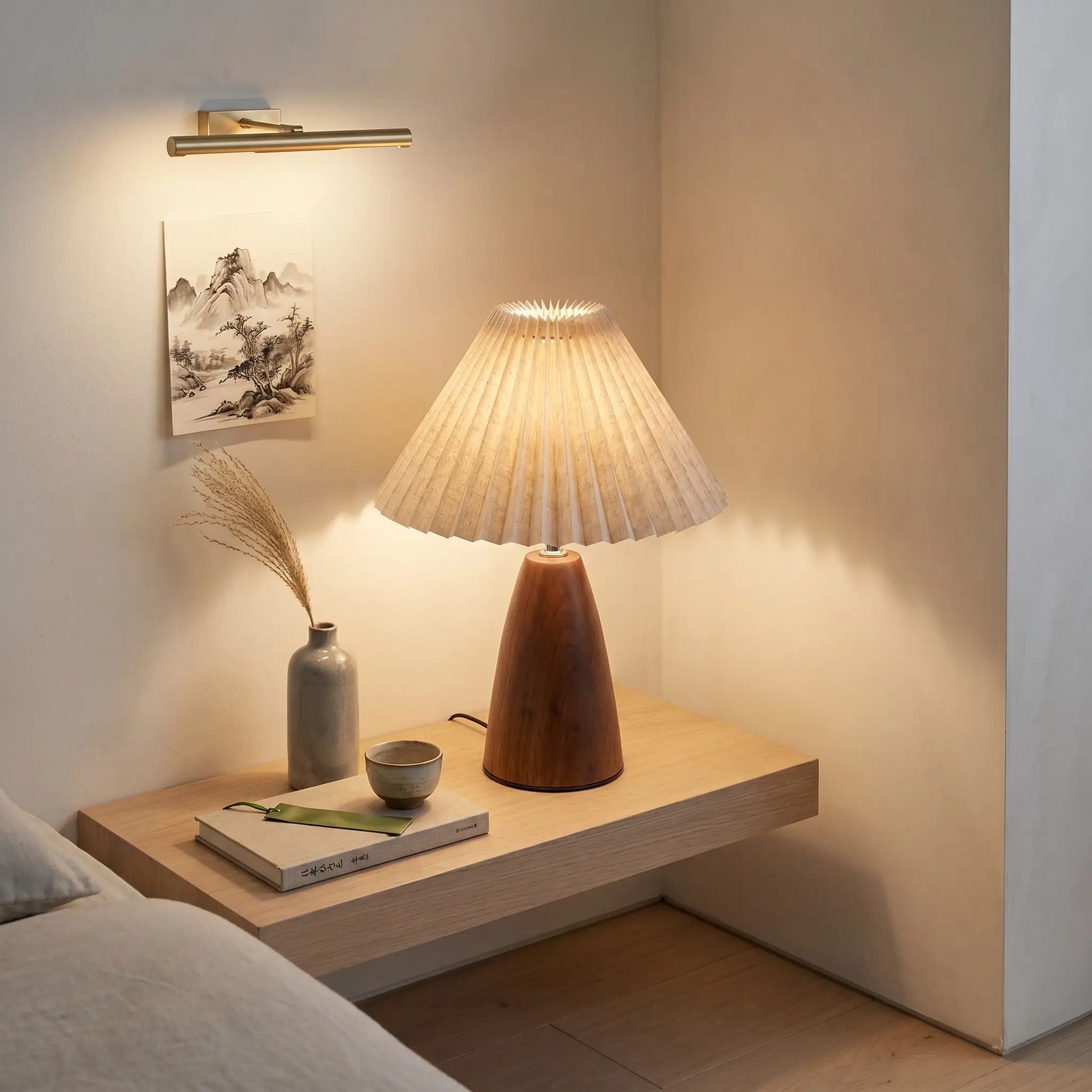 Lifestyle scene — Walnut Wood Cone Pleated USB Warm Light Adjustable 1-Light Table Lamp