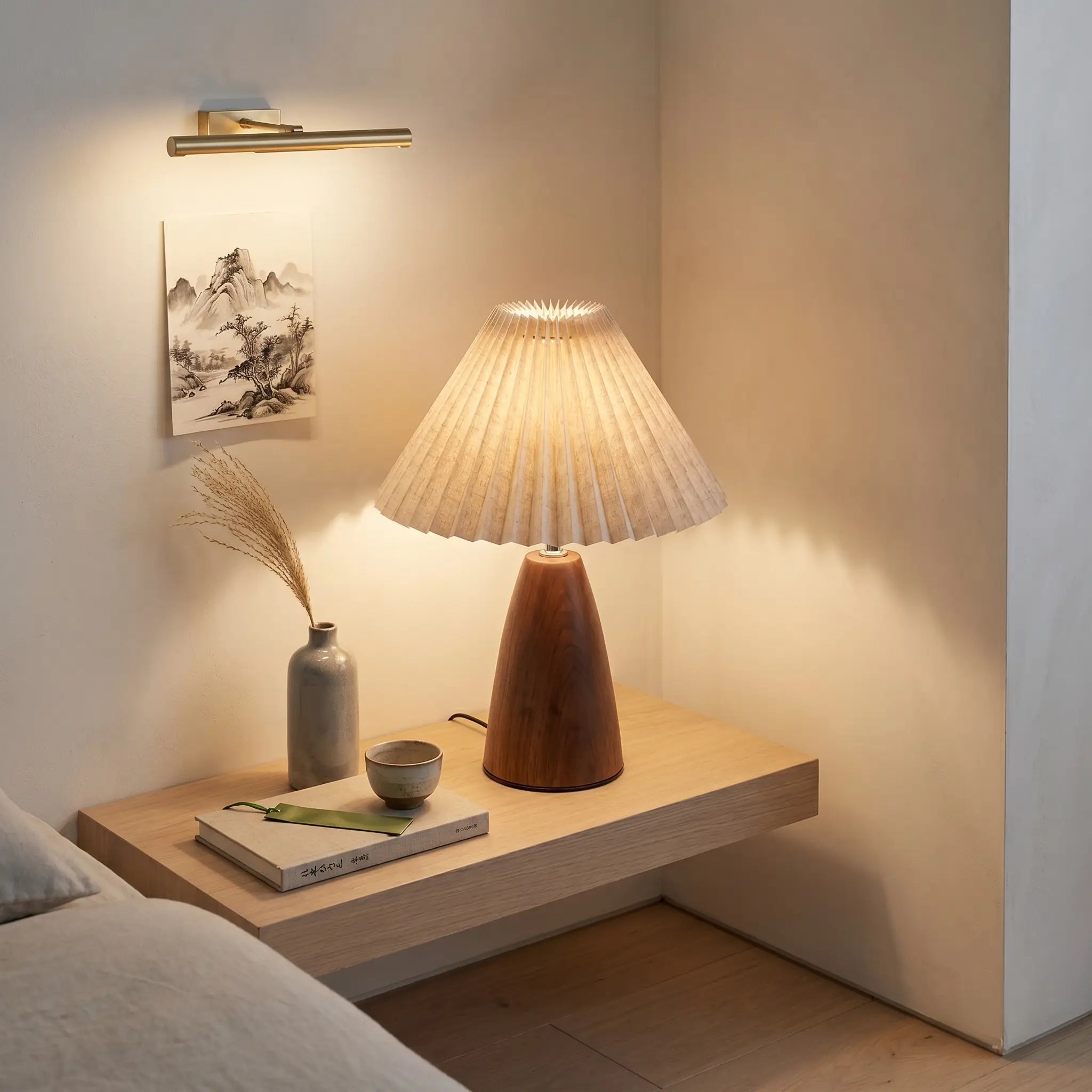 Lifestyle scene — Walnut Wood Cone Pleated USB Warm Light Adjustable 1-Light Table Lamp
