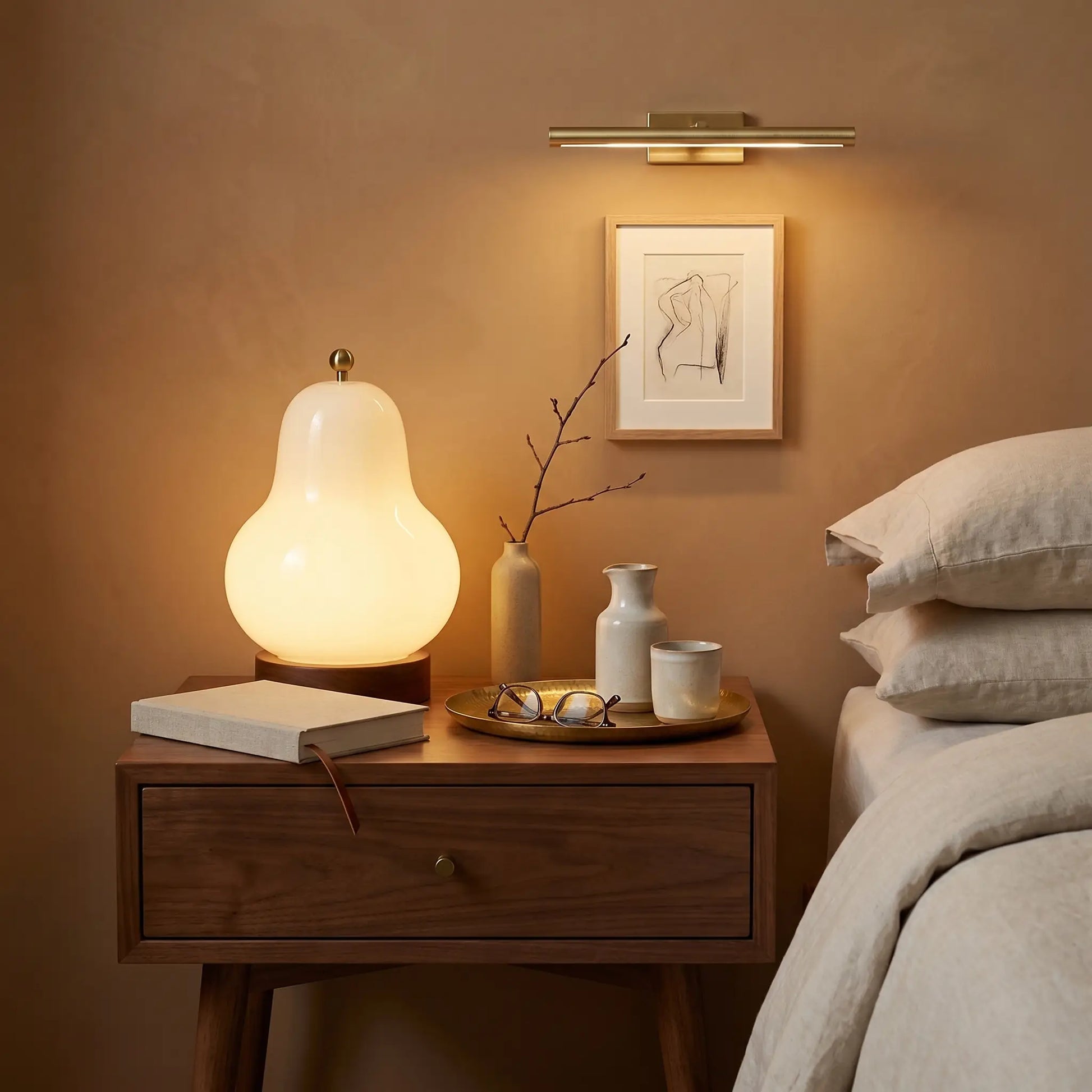 Lifestyle scene — Cream Glass Pear-Shaped Three-Color Adjustable LED Bedside Lamp