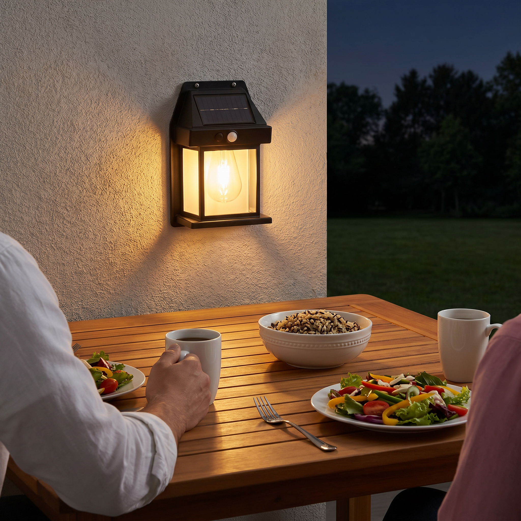 Lifestyle scene — Black Retro Abstract Solar Motion Sensor IP65 Waterproof Outdoor Wall Sconce
