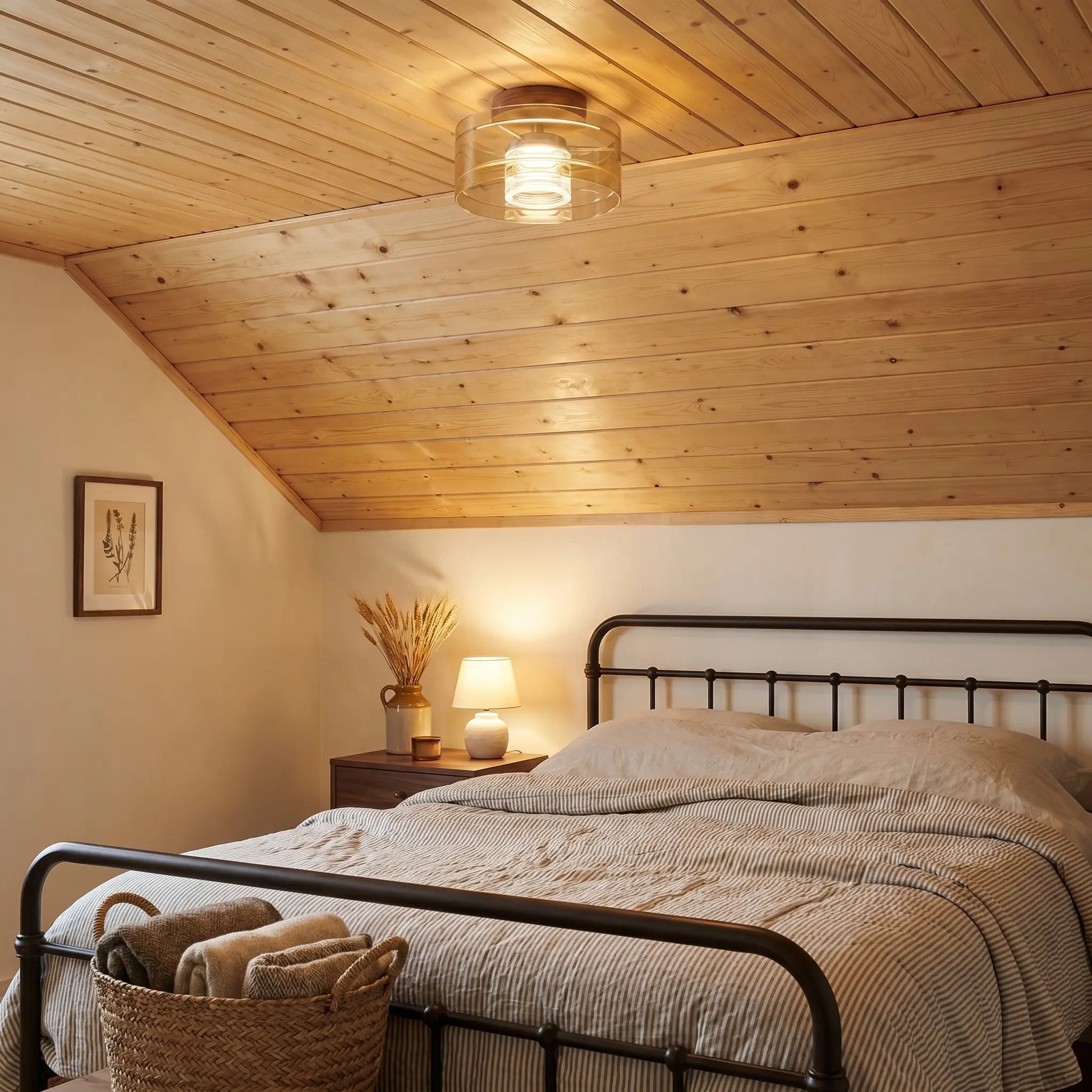 Modern Italian walnut wood aluminum LED ceiling light with walnut base shown eye-level wide in attic guest bedroom with soft lighting