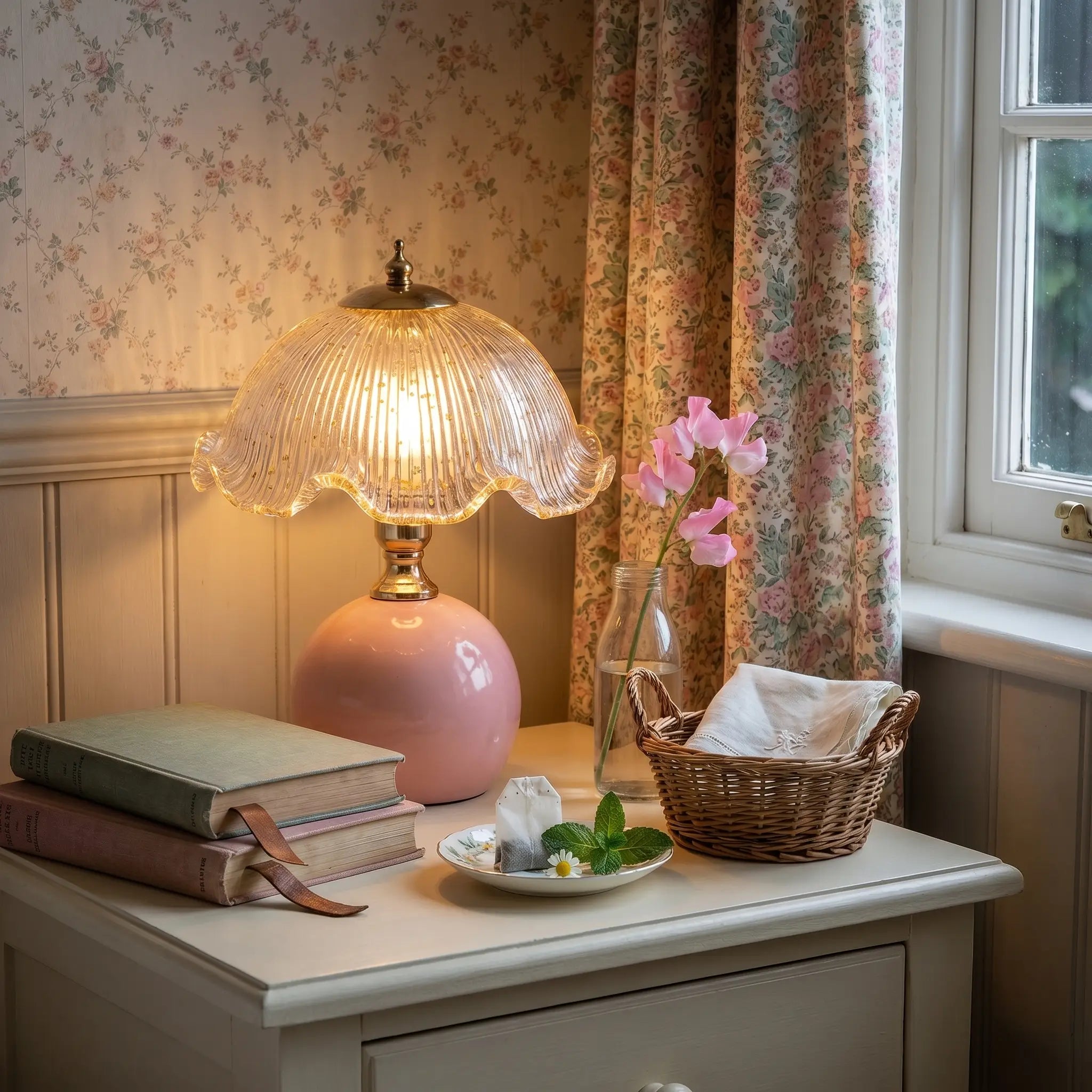 Lifestyle scene — Cream Iron Plug-In Ambient Atmosphere Bedside Lamp