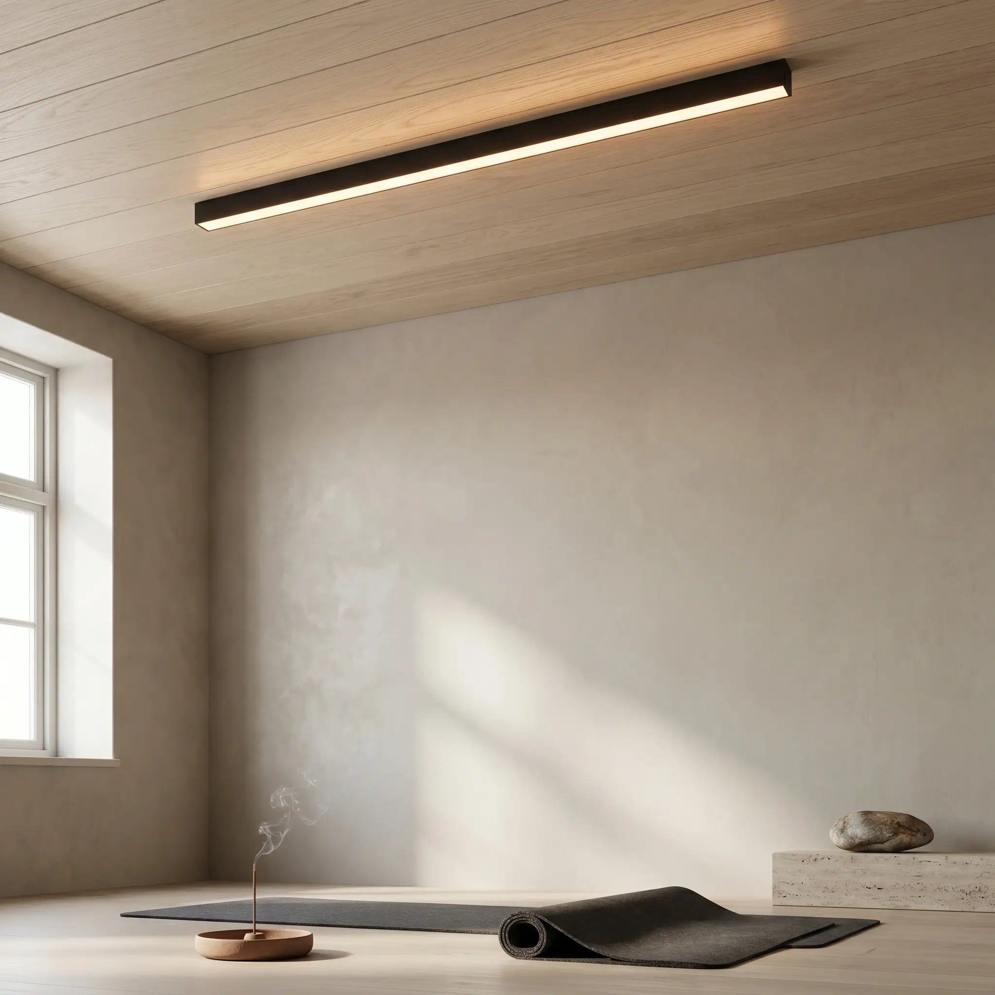 Modern minimalist aluminum sand white ceiling light ambient room lit showing 60cm linear strip and remote control