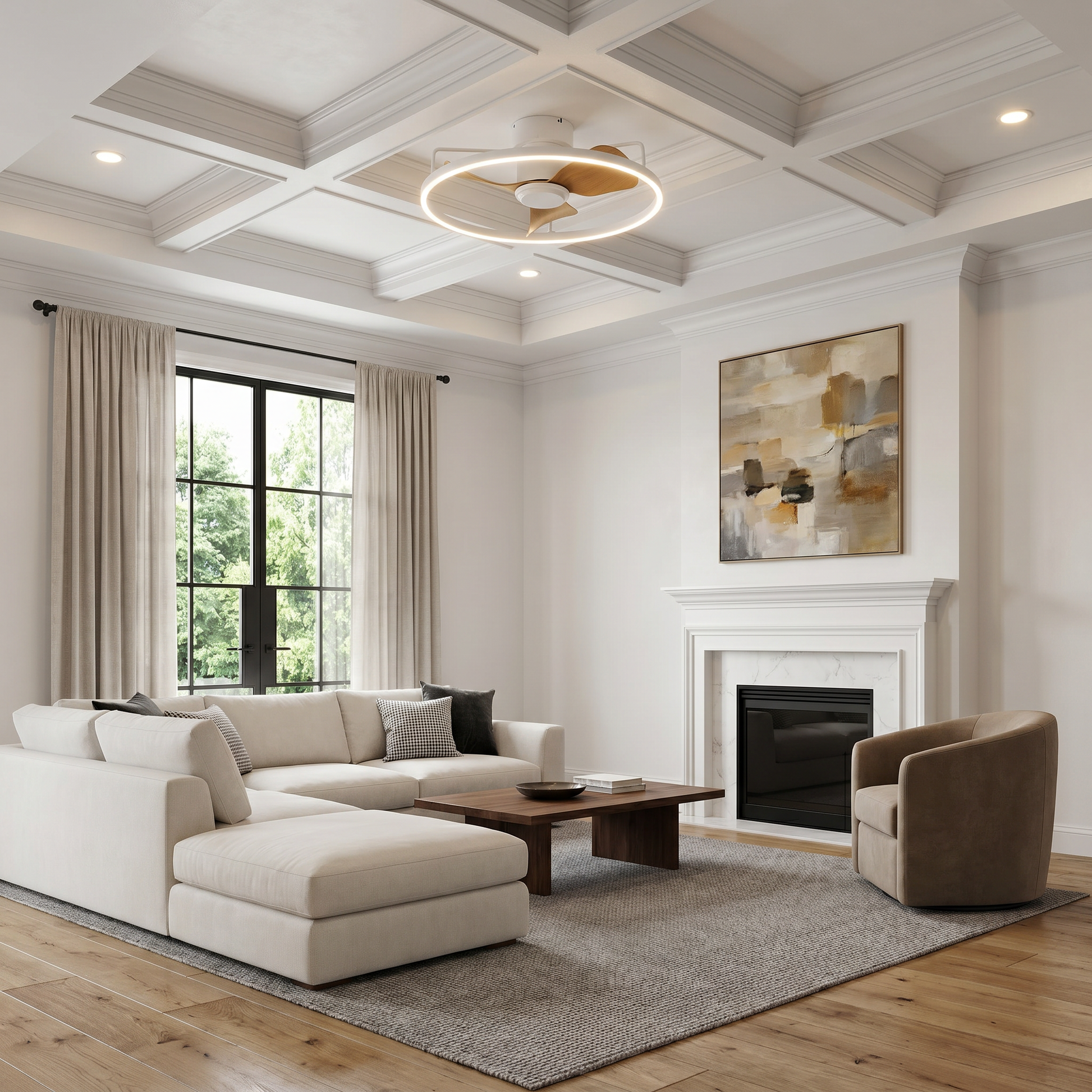 Lifestyle scene — Iron Walnut Flush Mount Silent Motor LED Ceiling Light Fan