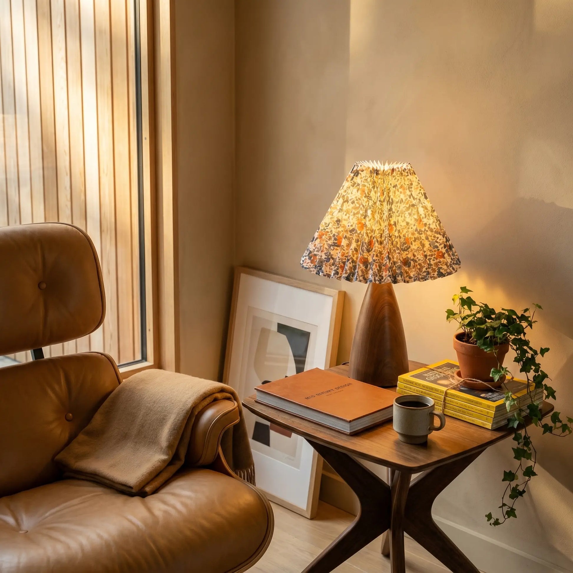 Lifestyle scene — Walnut Wood Cone Pleated USB Warm Light Adjustable 1-Light Table Lamp