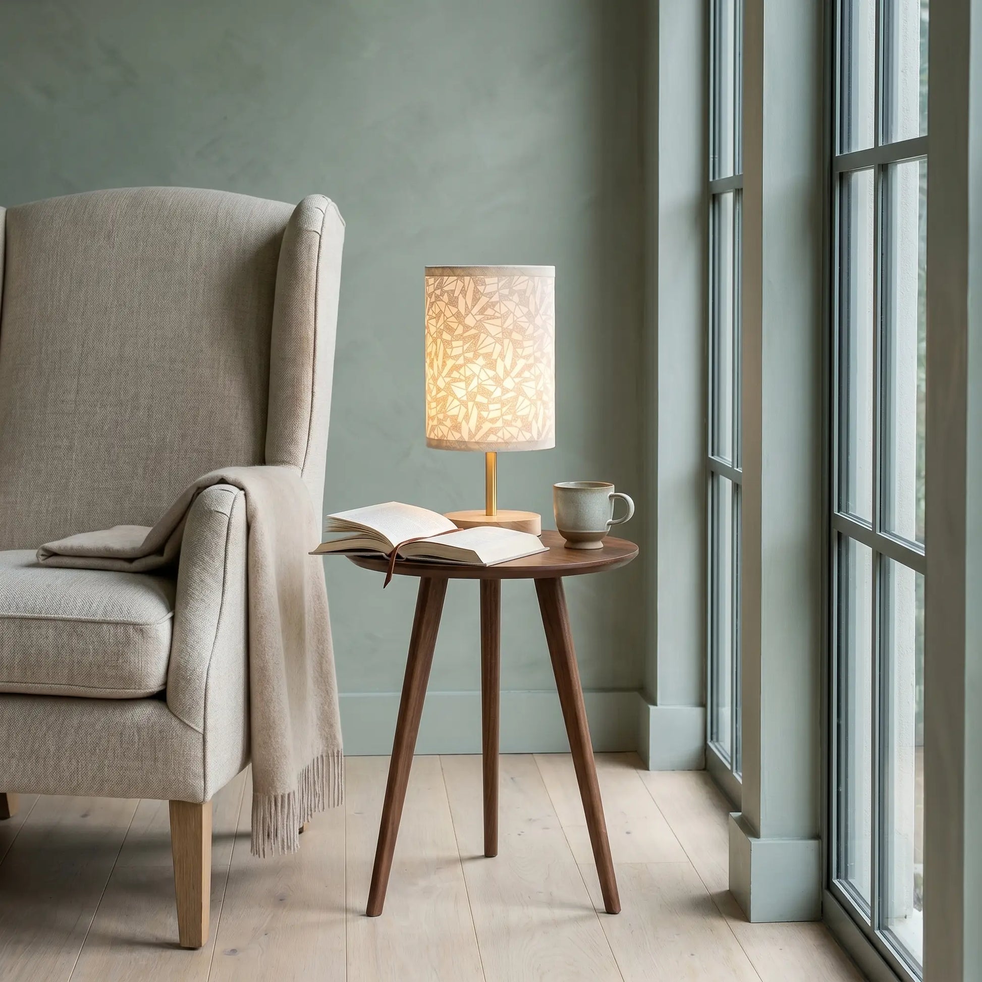 Lifestyle scene — Solid Wood Linen Gray USB Remote Control Adjustable LED Table Lamp