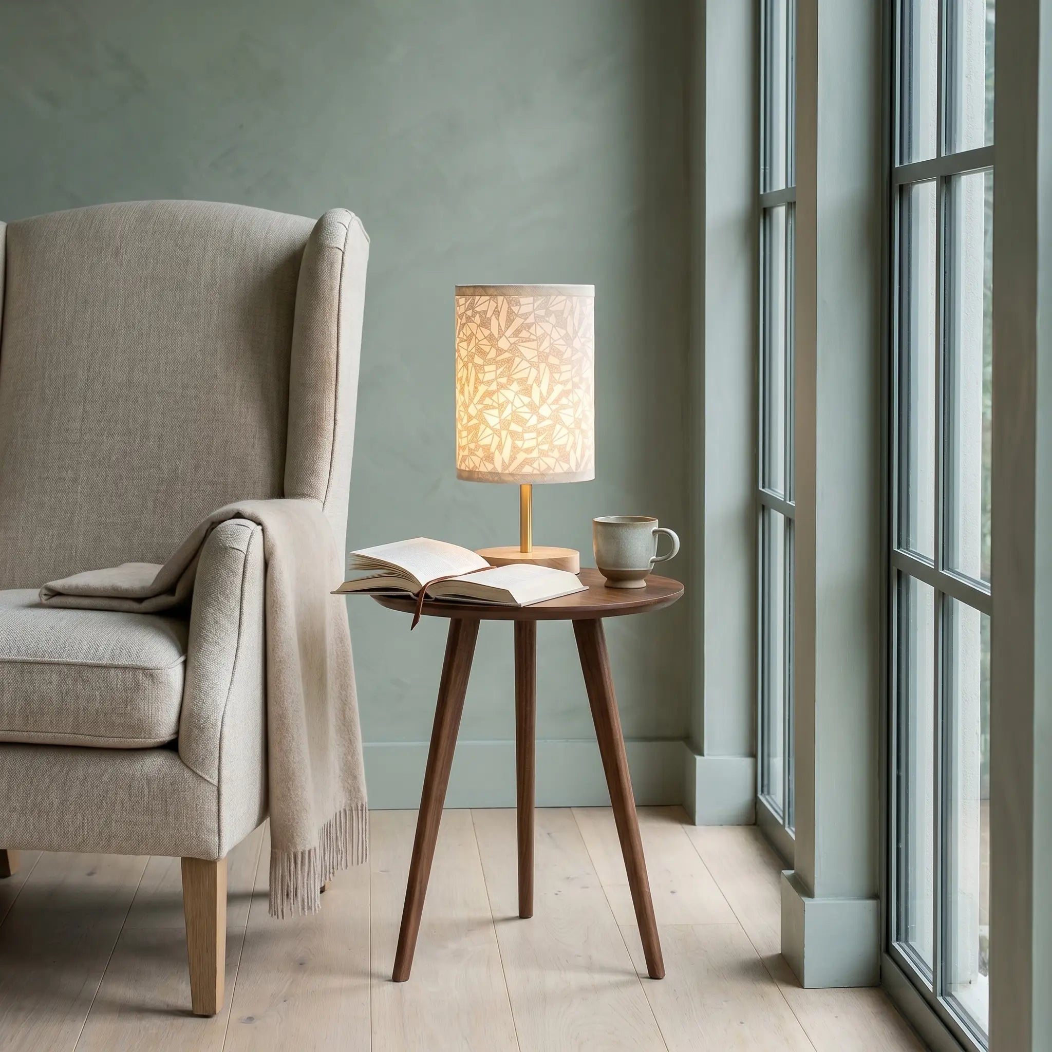 Lifestyle scene — Solid Wood Linen Gray USB Remote Control Adjustable LED Table Lamp