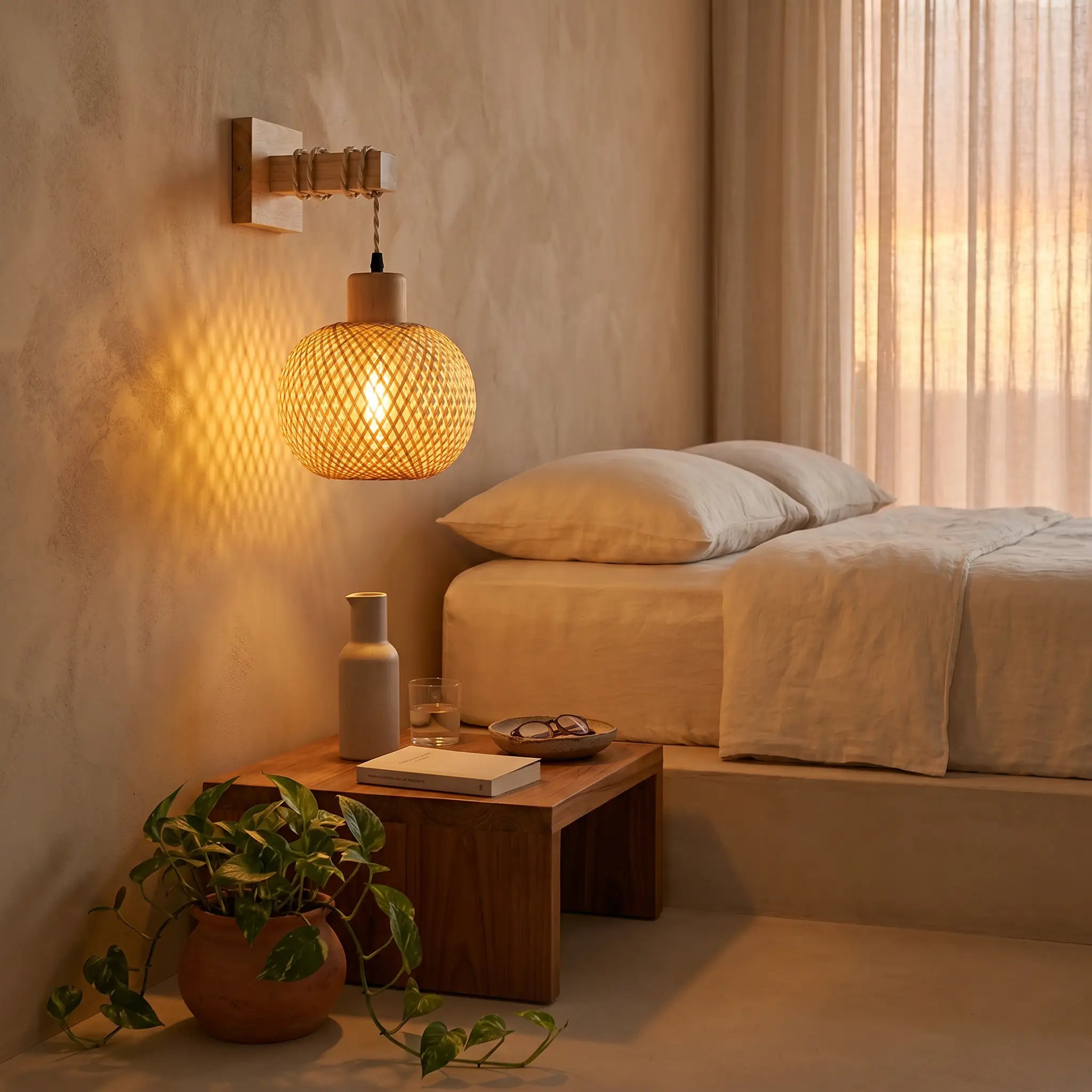 Pastoral bamboo wood spherical incandescent ceiling light shown side profile with warm light in tropical modern bedroom wall sconce style