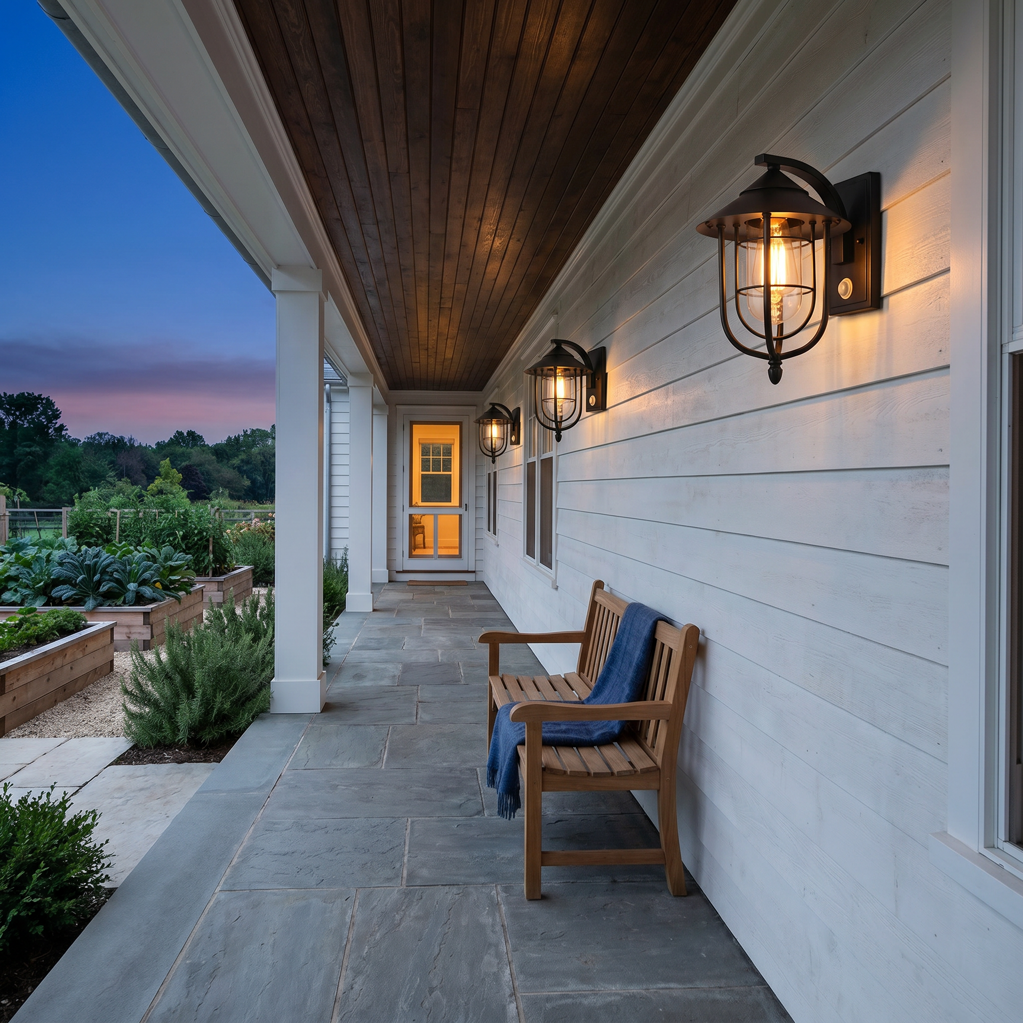 Lifestyle scene — Iron Matte Black Conical Cage Motion Sensor LED Outdoor Wall Sconce