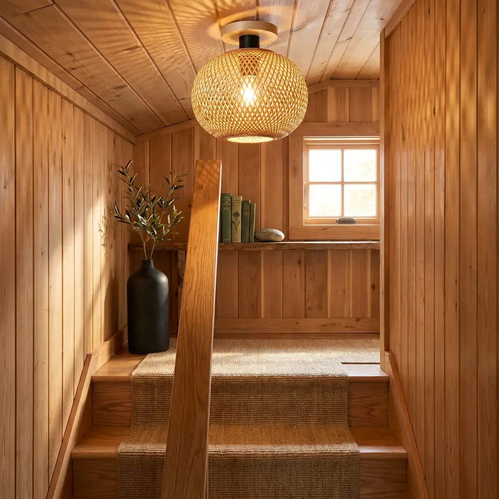 Pastoral bamboo wood spherical incandescent ceiling light viewed eye-level wide with warm light above cedar stair landing flush mount