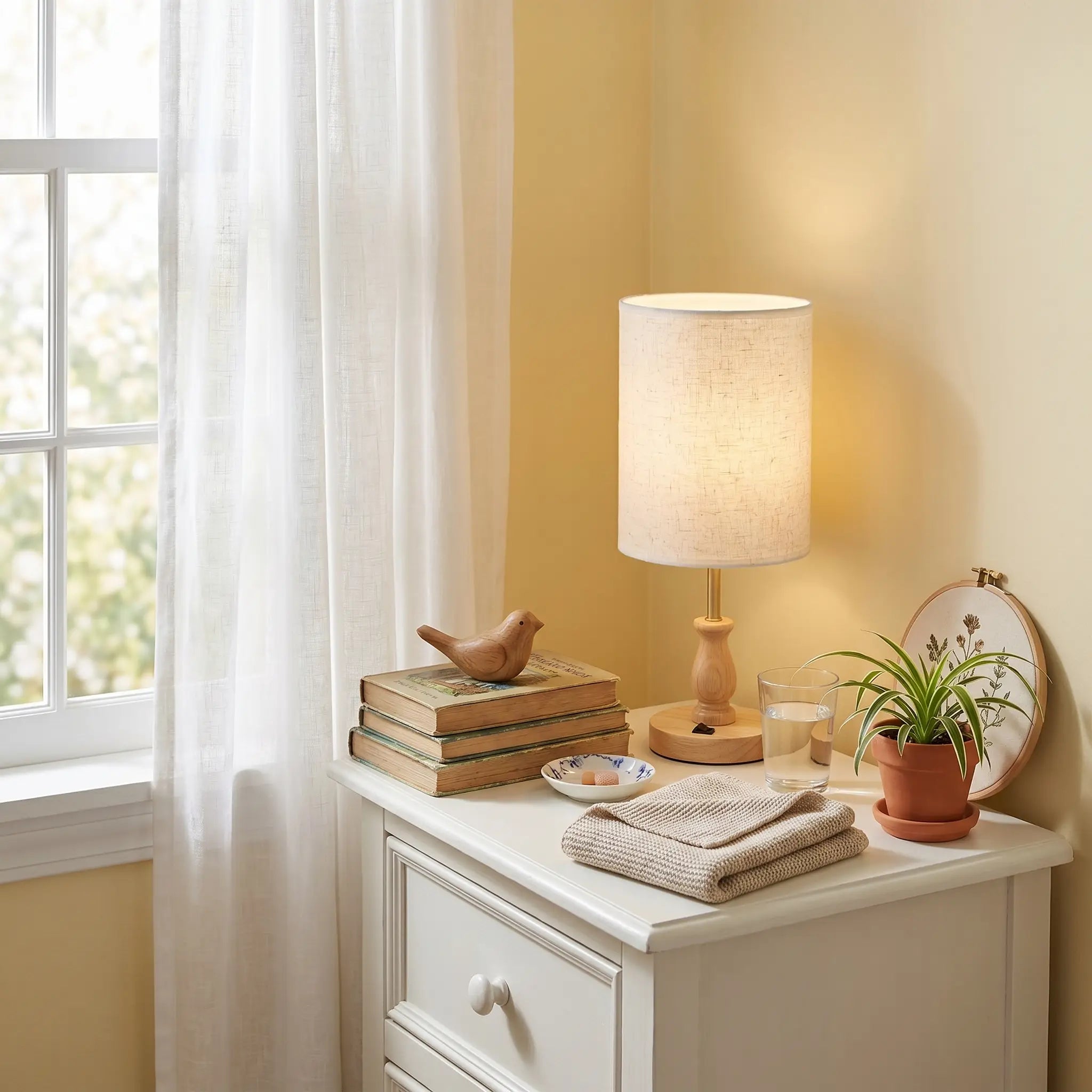 Lifestyle scene — Solid Wood Linen Gray USB Remote Control Adjustable LED Table Lamp