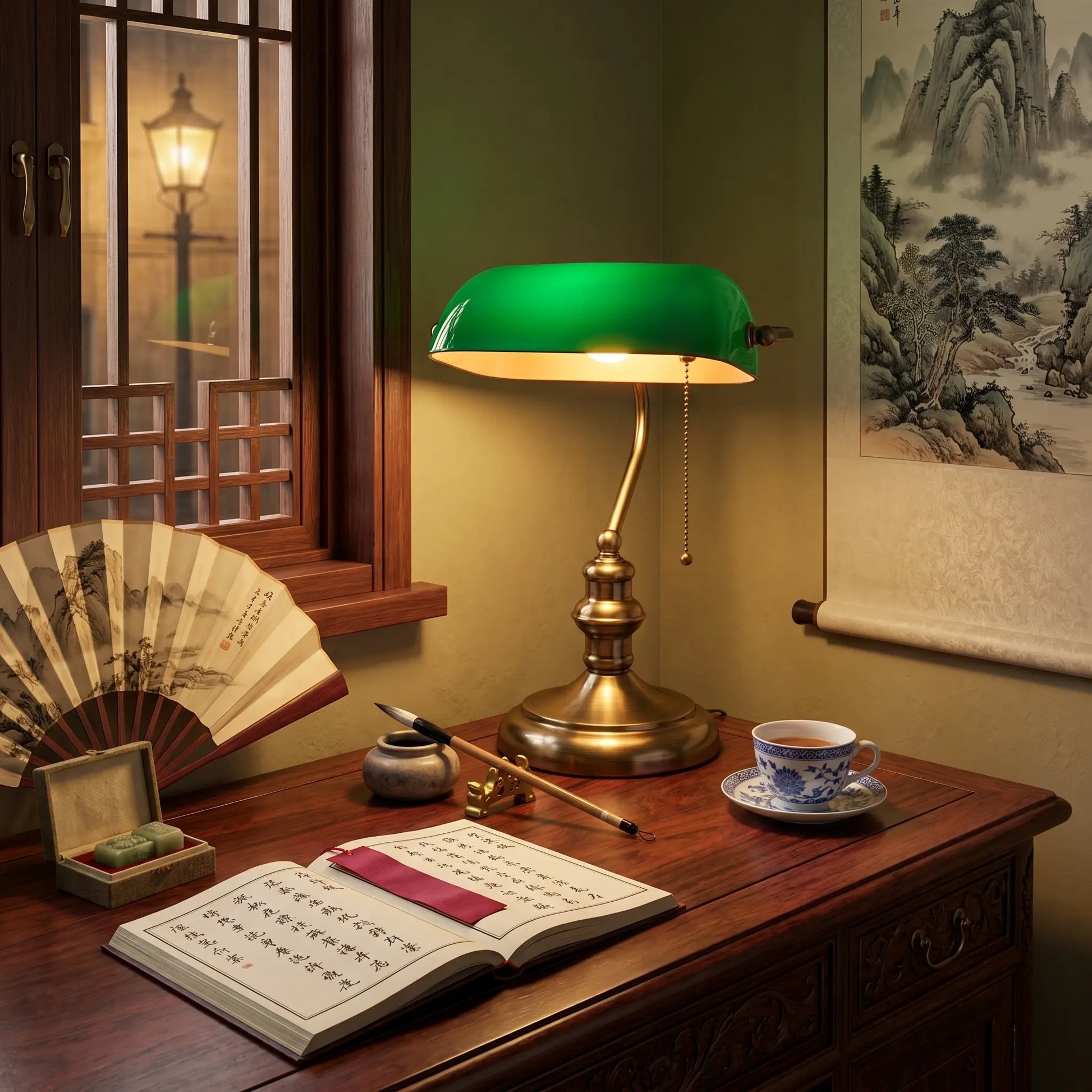 Lifestyle scene — Hand-Blown Green Glass Curved Adjustable 1-Light Table Lamp
