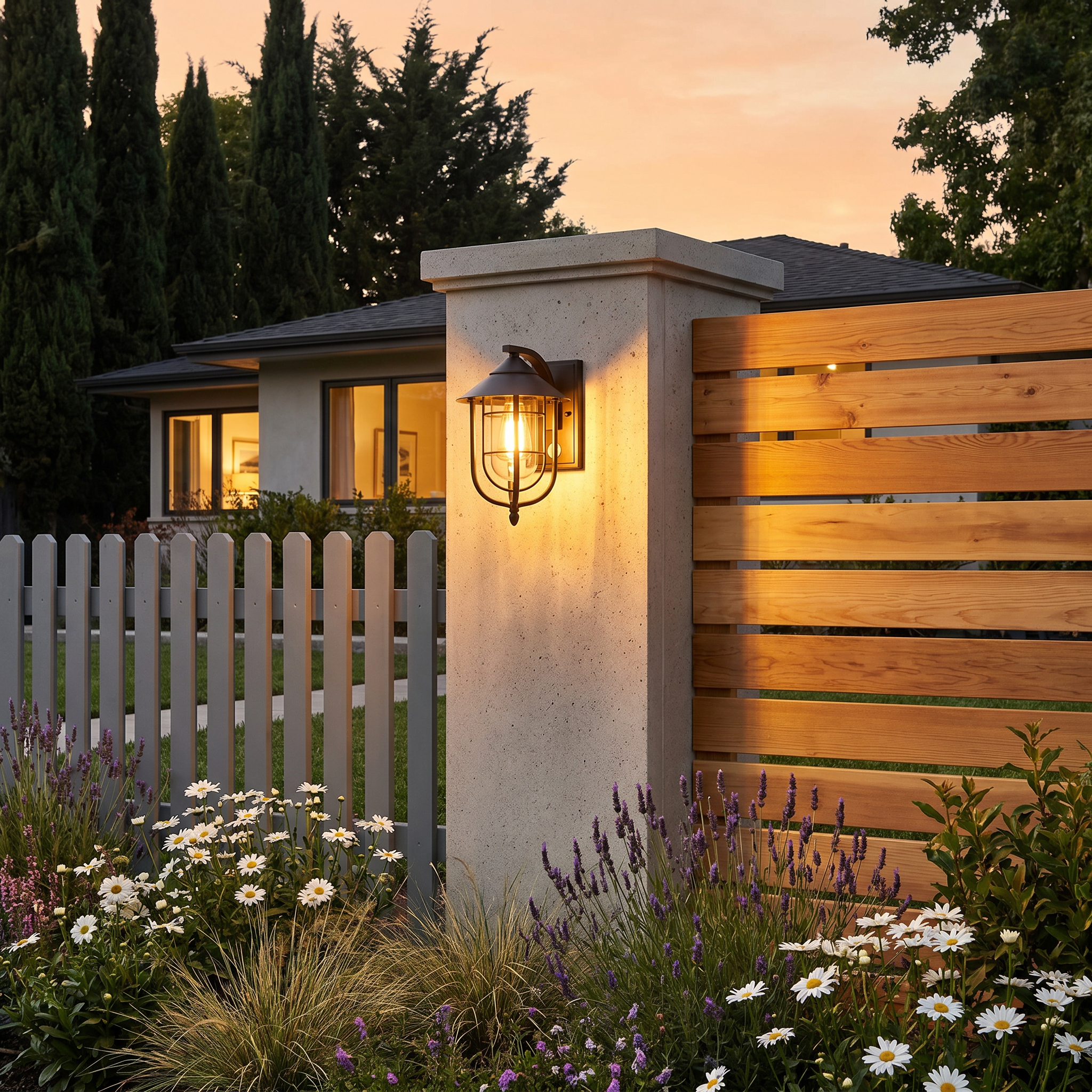 Lifestyle scene — Iron Matte Black Conical Cage Motion Sensor LED Outdoor Wall Sconce