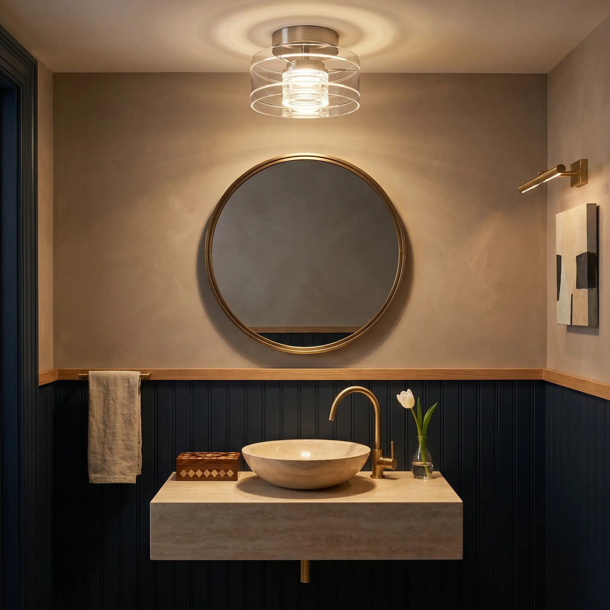 Modern Italian walnut wood aluminum LED ceiling light with walnut base at three-quarter angle in powder room illuminated by cool white light