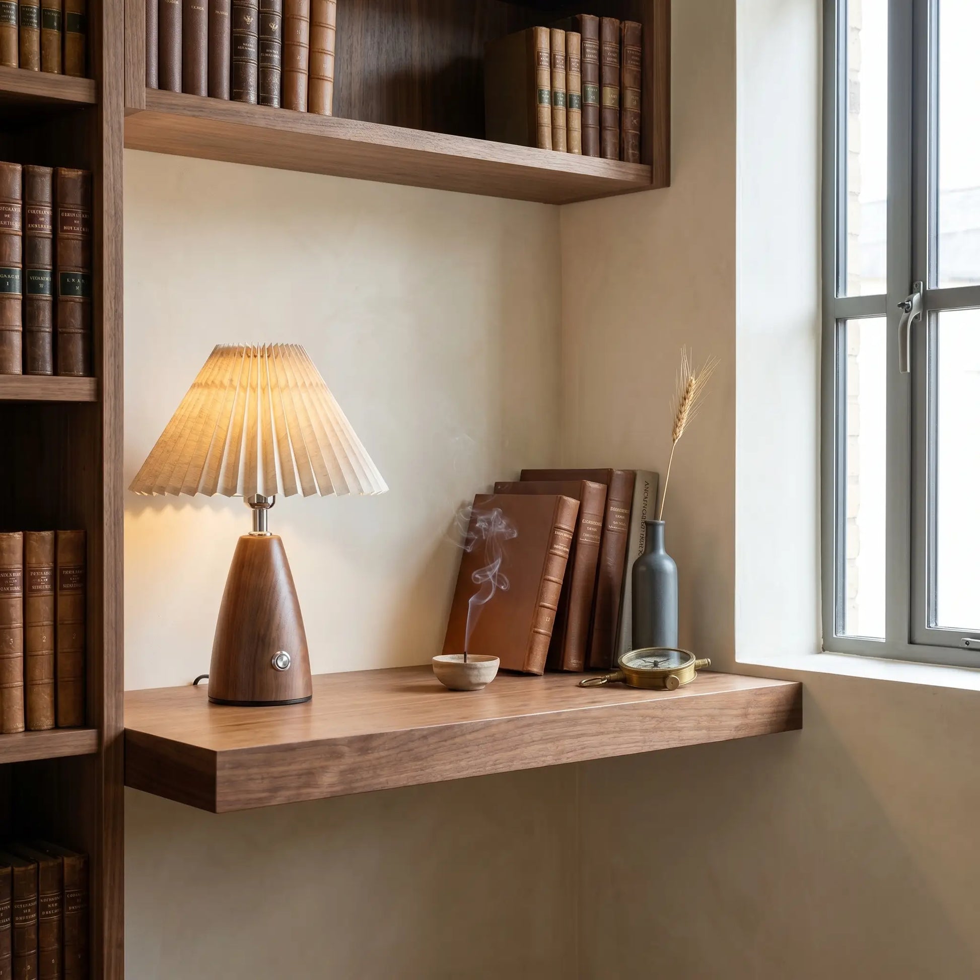 Lifestyle scene — Walnut Wood Cone Pleated USB Warm Light Adjustable 1-Light Table Lamp