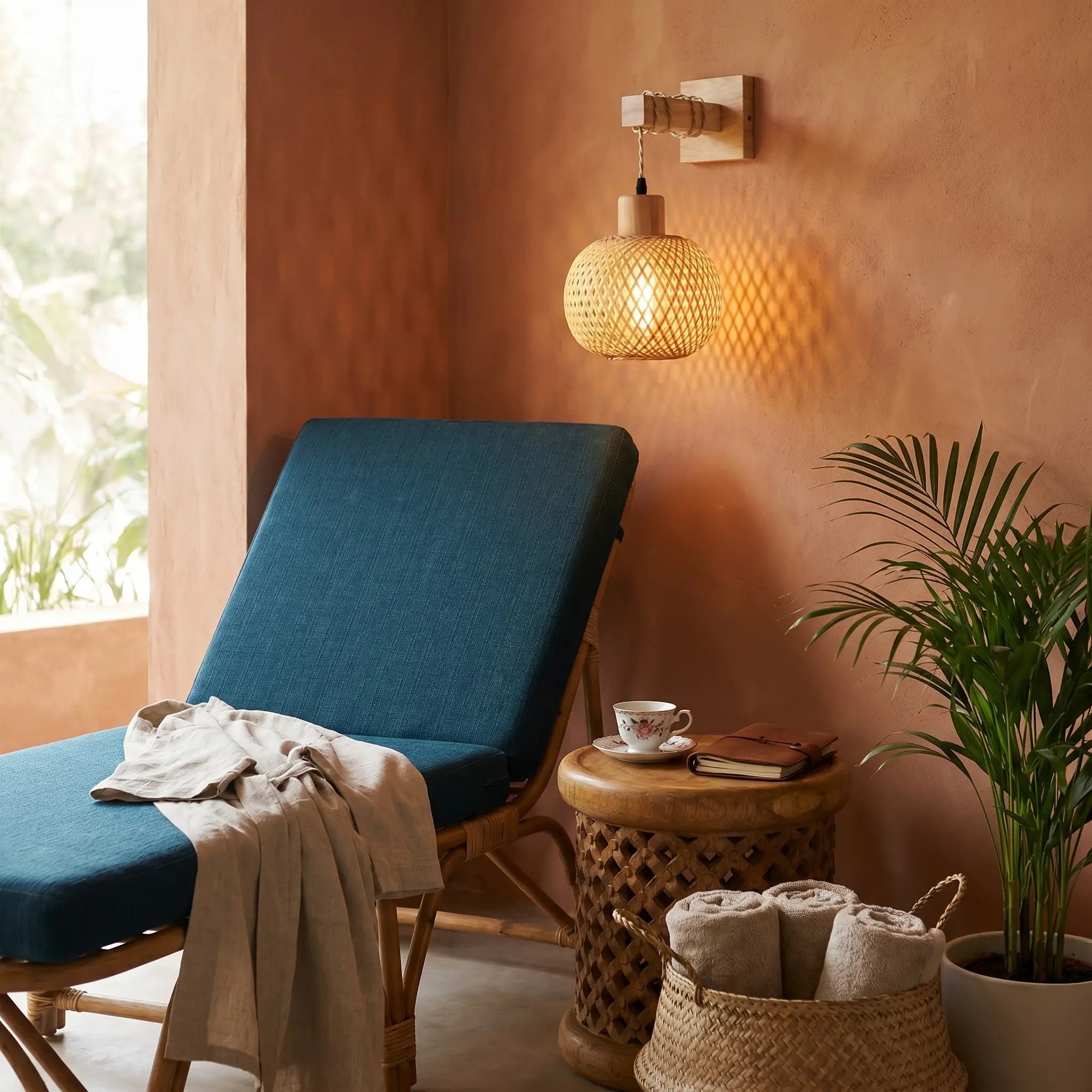 Pastoral bamboo wood spherical incandescent ceiling light close-up with warm light in bali reading nook wall sconce variant