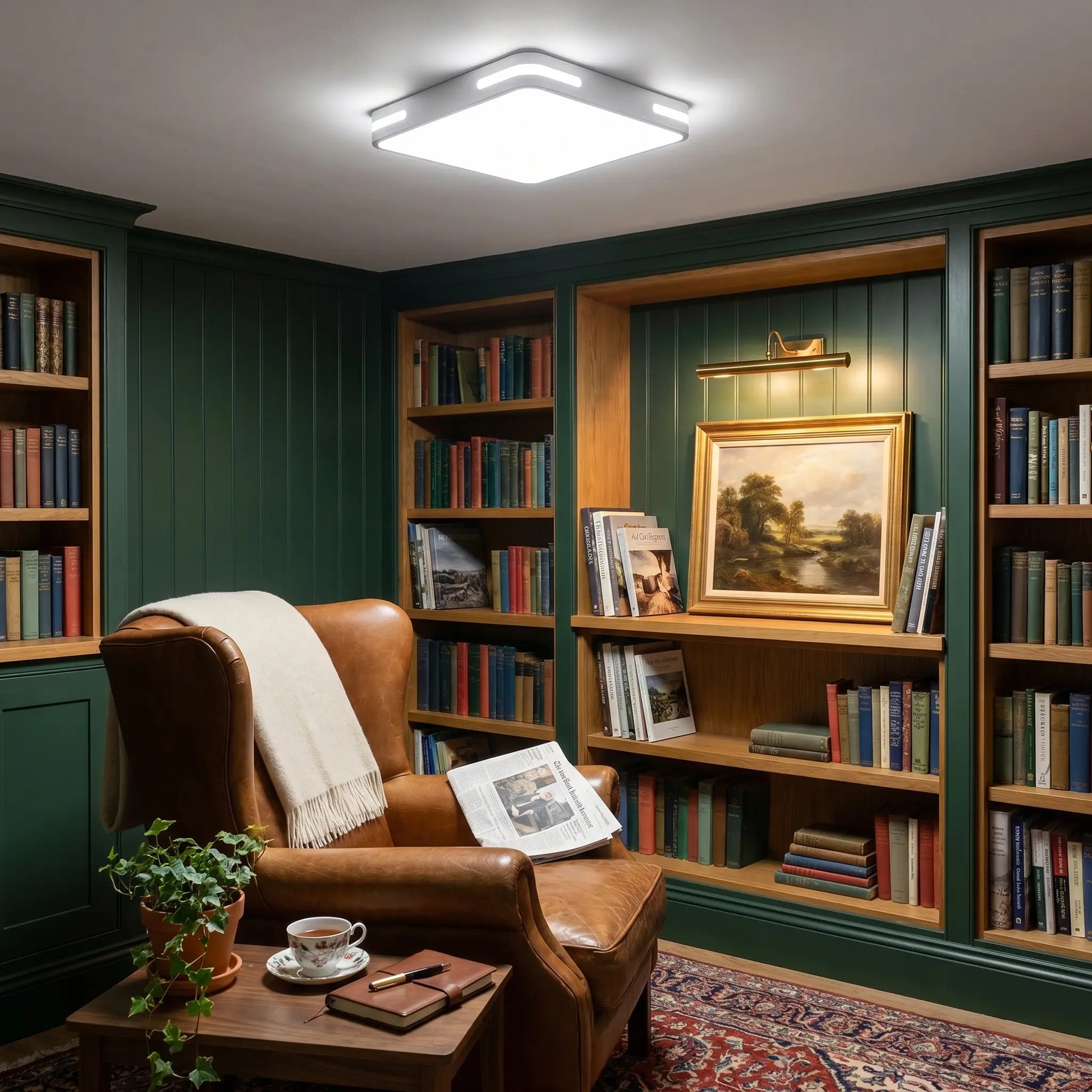 Minimalist modern white PVC iron voice control LED ceiling light shown installed ceiling mounted in living room with white PVC shade and iron body