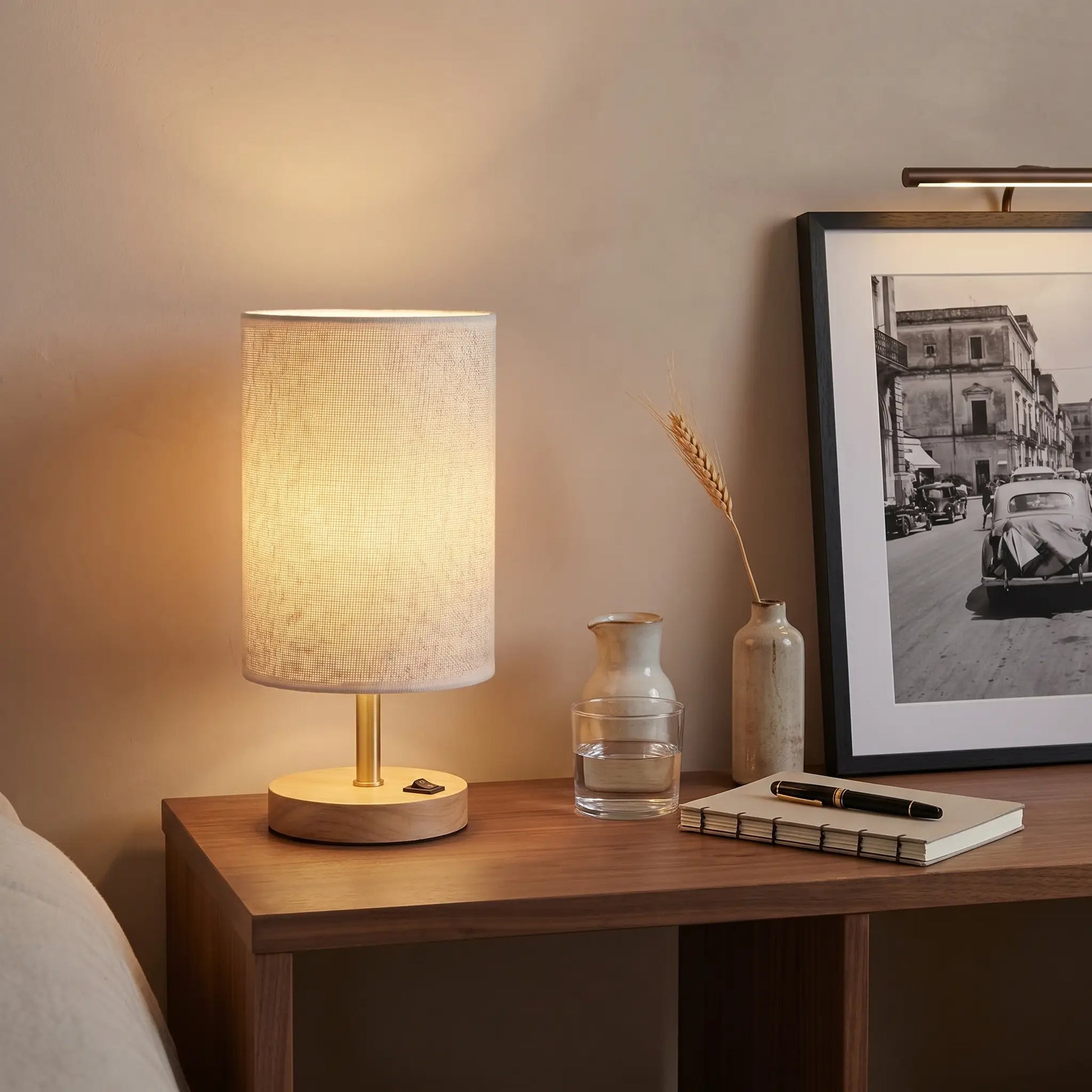 Lifestyle scene — Solid Wood Linen Gray USB Remote Control Adjustable LED Table Lamp