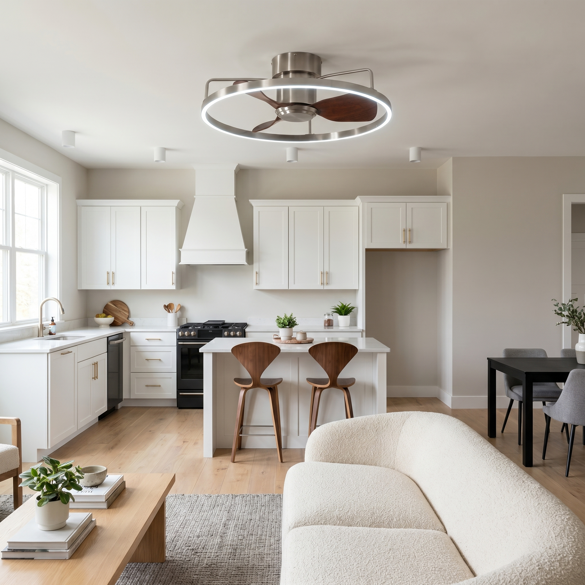 Lifestyle scene — Iron Walnut Flush Mount Silent Motor LED Ceiling Light Fan
