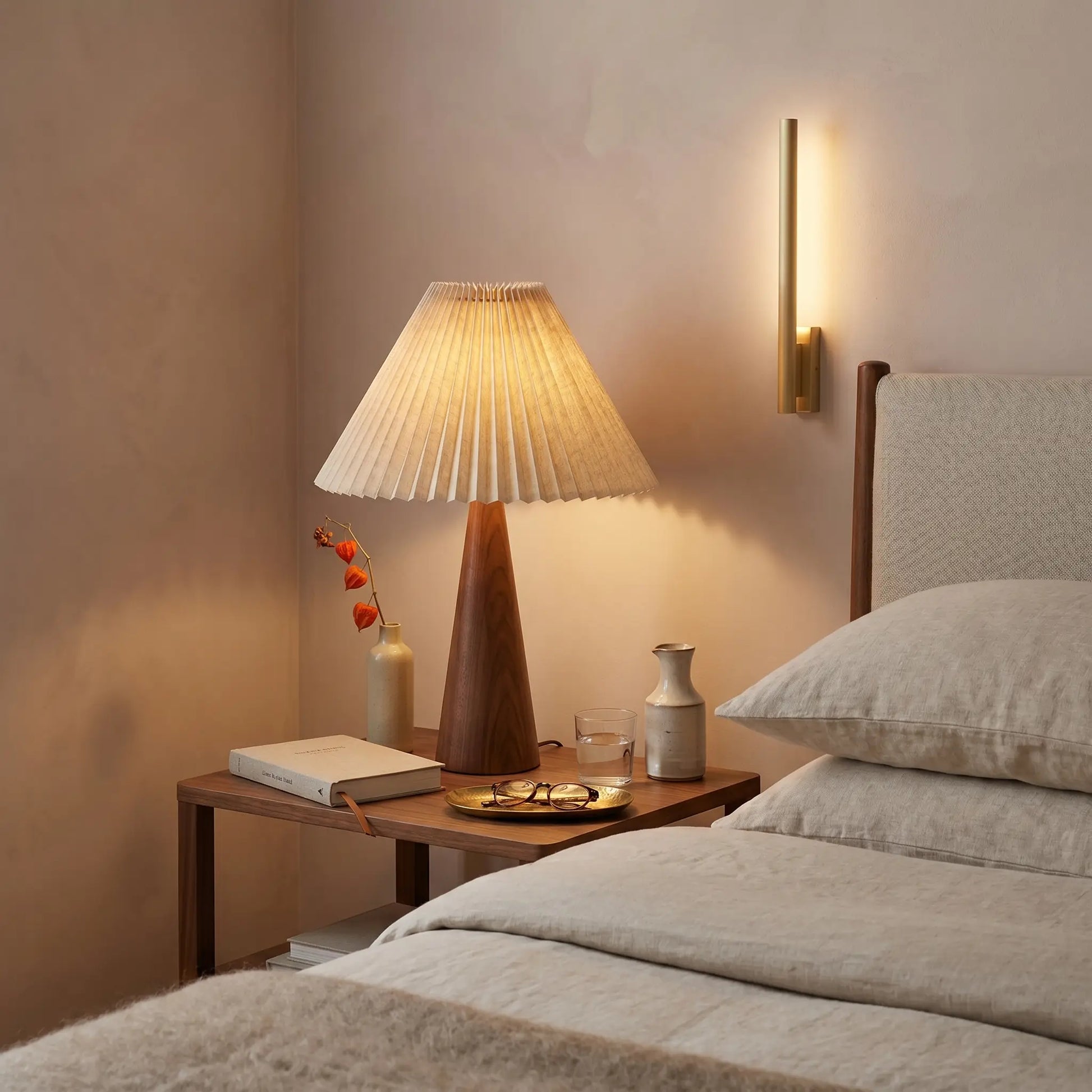 Lifestyle scene — Walnut Wood Cone Pleated USB Warm Light Adjustable 1-Light Table Lamp