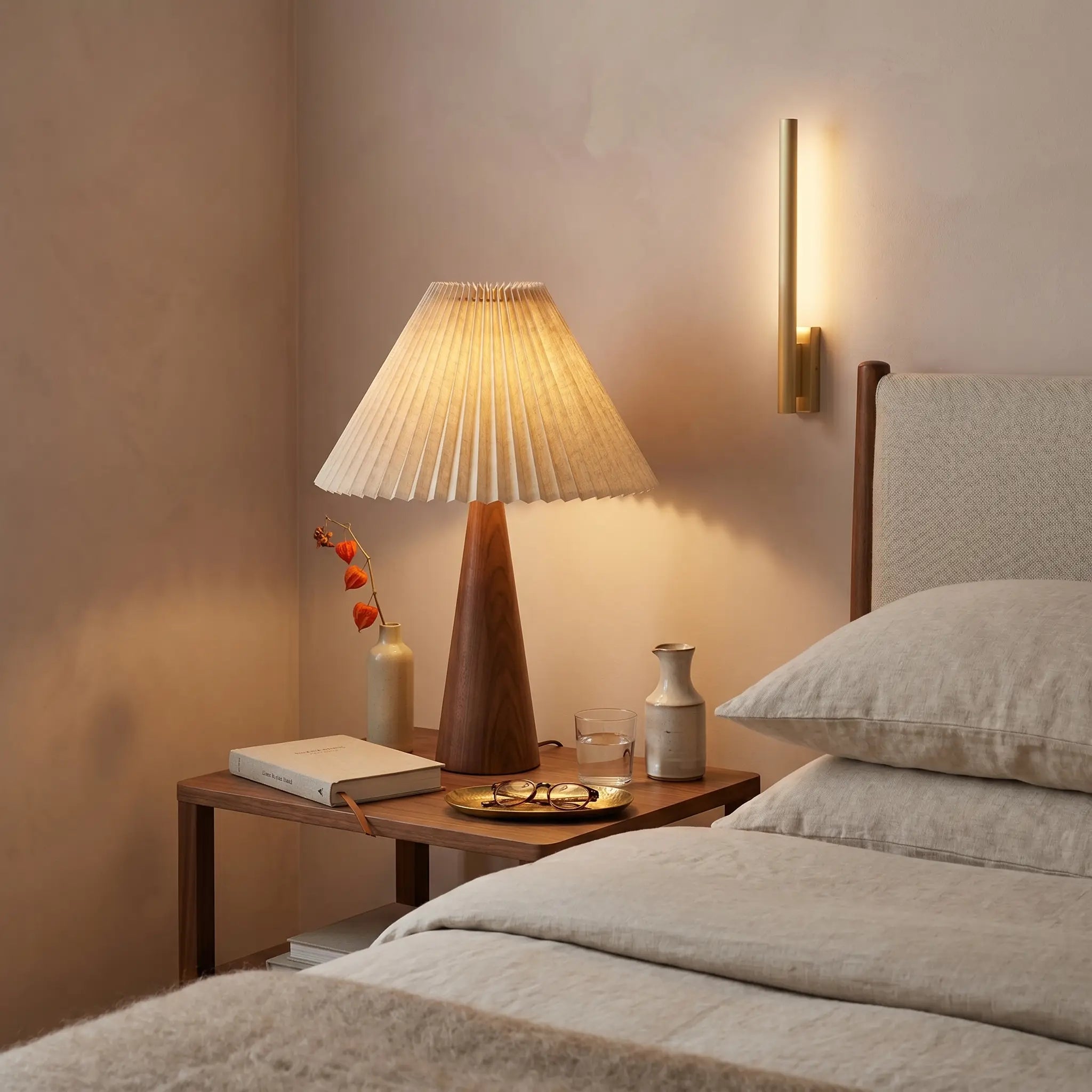 Lifestyle scene — Walnut Wood Cone Pleated USB Warm Light Adjustable 1-Light Table Lamp