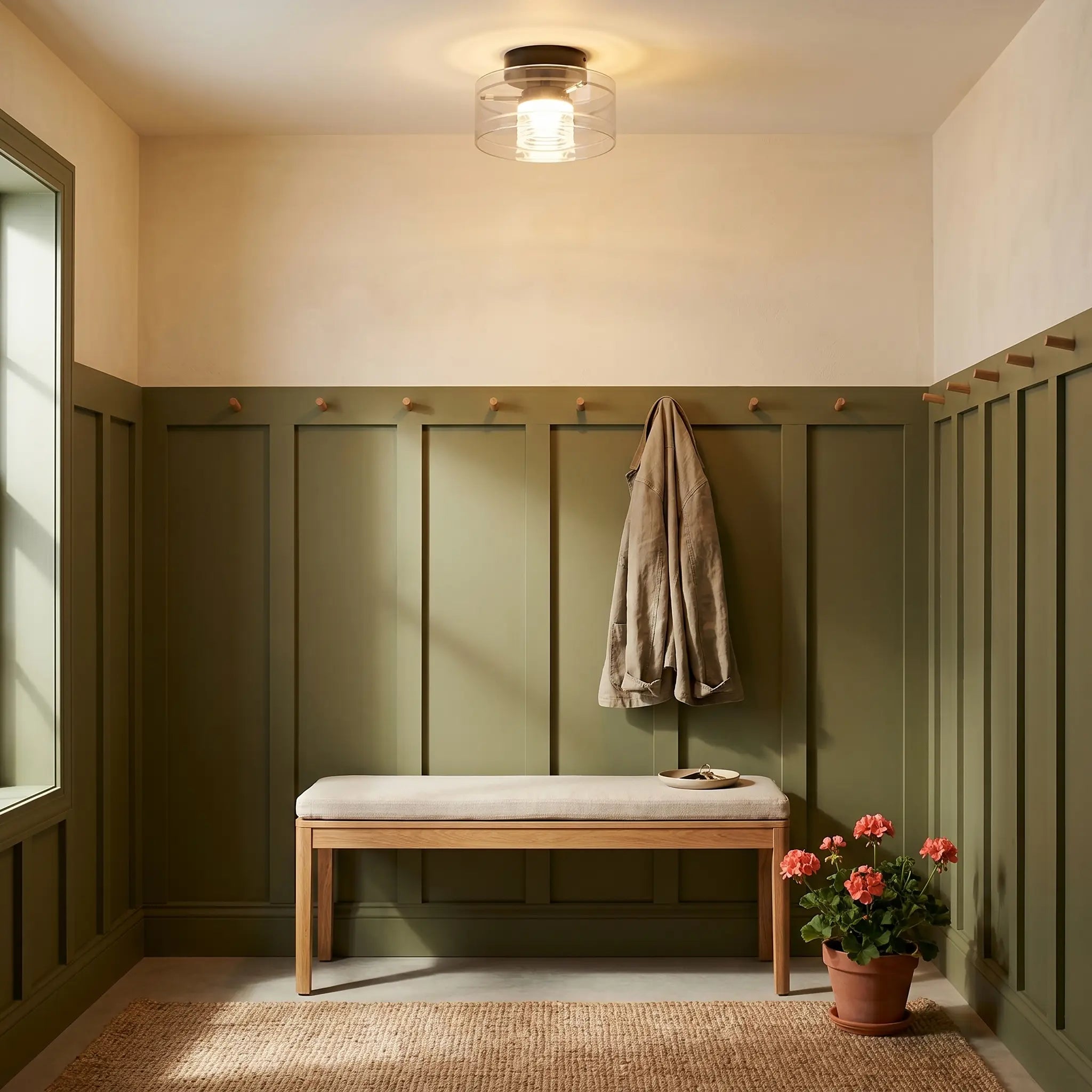 Modern Italian walnut wood aluminum LED ceiling light with walnut base front view in mudroom glowing with warm white light