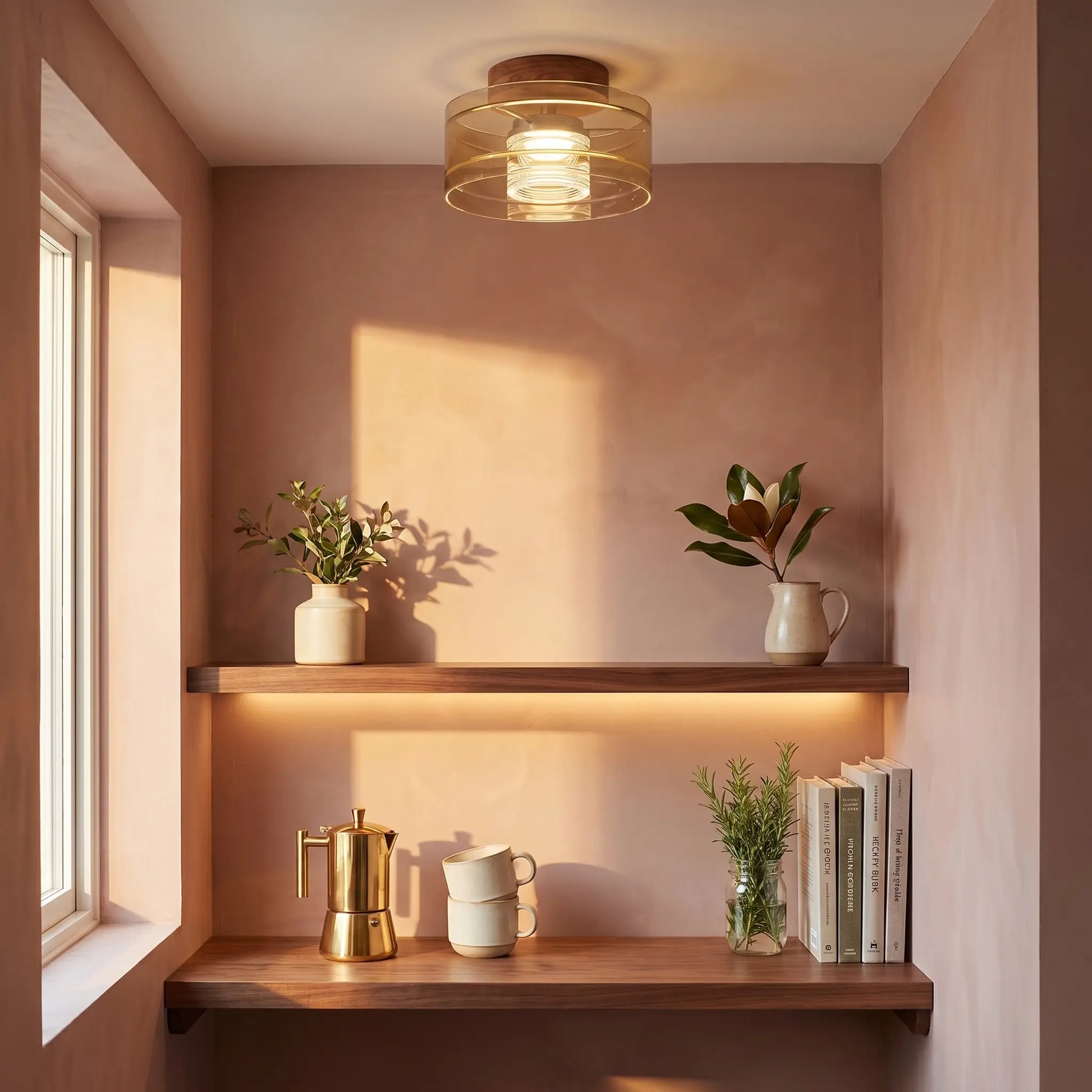 Modern Italian walnut wood aluminum LED ceiling light with walnut base at three-quarter angle over coffee bar nook with dimmed lighting