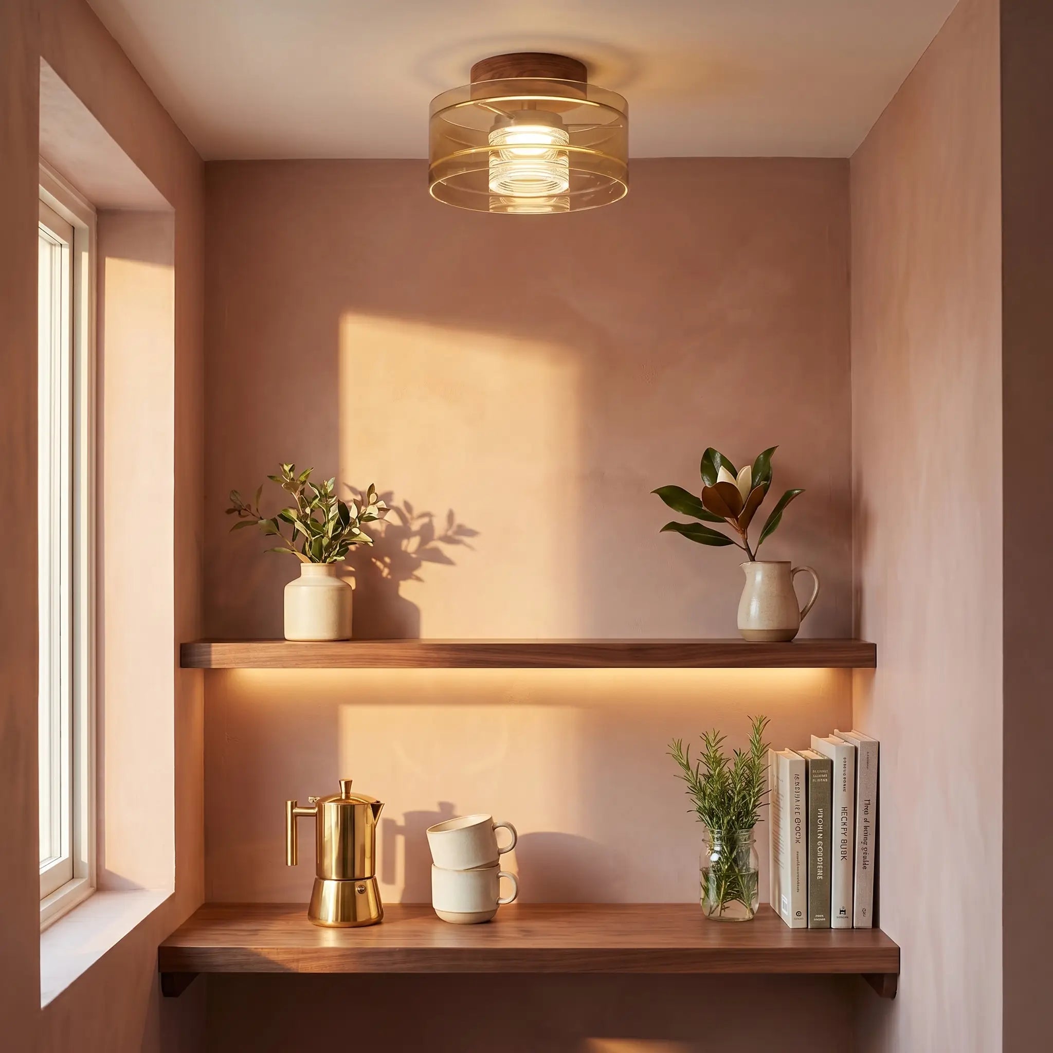 Modern Italian walnut wood aluminum LED ceiling light with walnut base at three-quarter angle over coffee bar nook with dimmed lighting