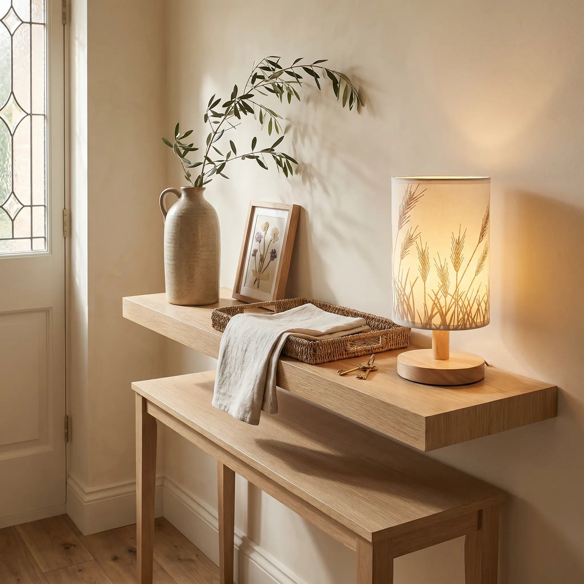 Lifestyle scene — Solid Wood Linen Gray USB Remote Control Adjustable LED Table Lamp