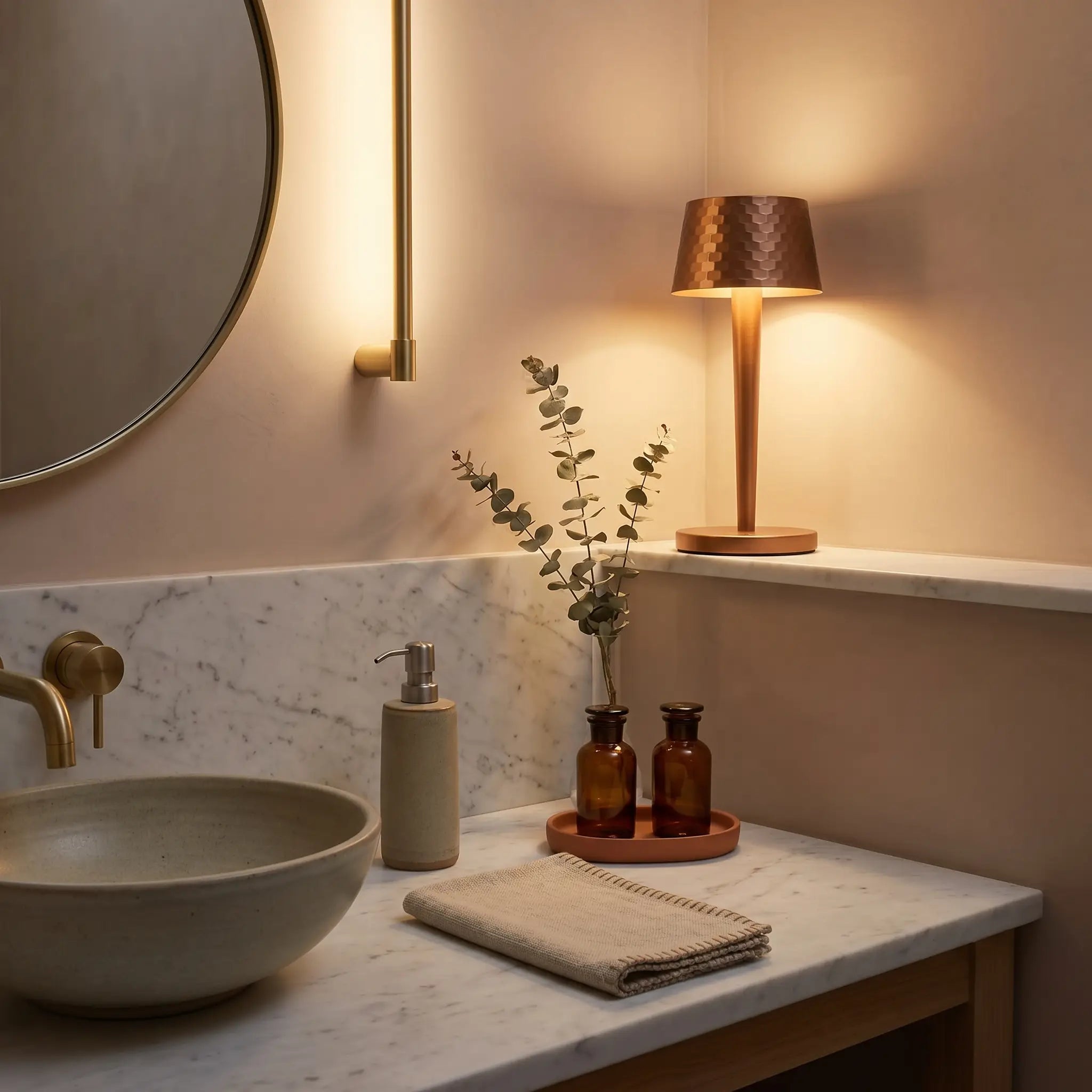 Aluminum touch dimmable USB rechargeable LED bedside lamp close-up in brushed aluminum lit on putty powder room vanity