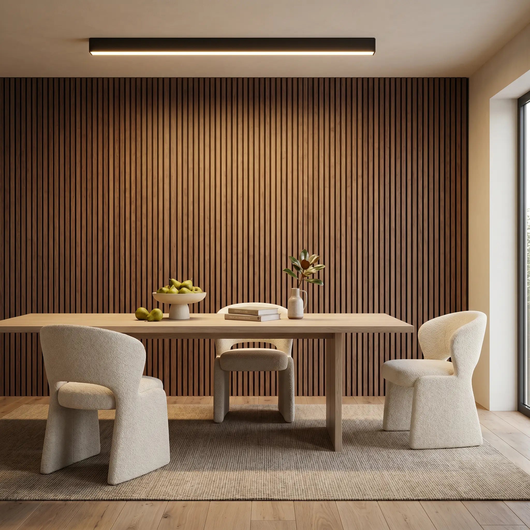 Ambient room lit neutral light view of modern minimalist aluminum sand white ceiling light with remote control and linear strip