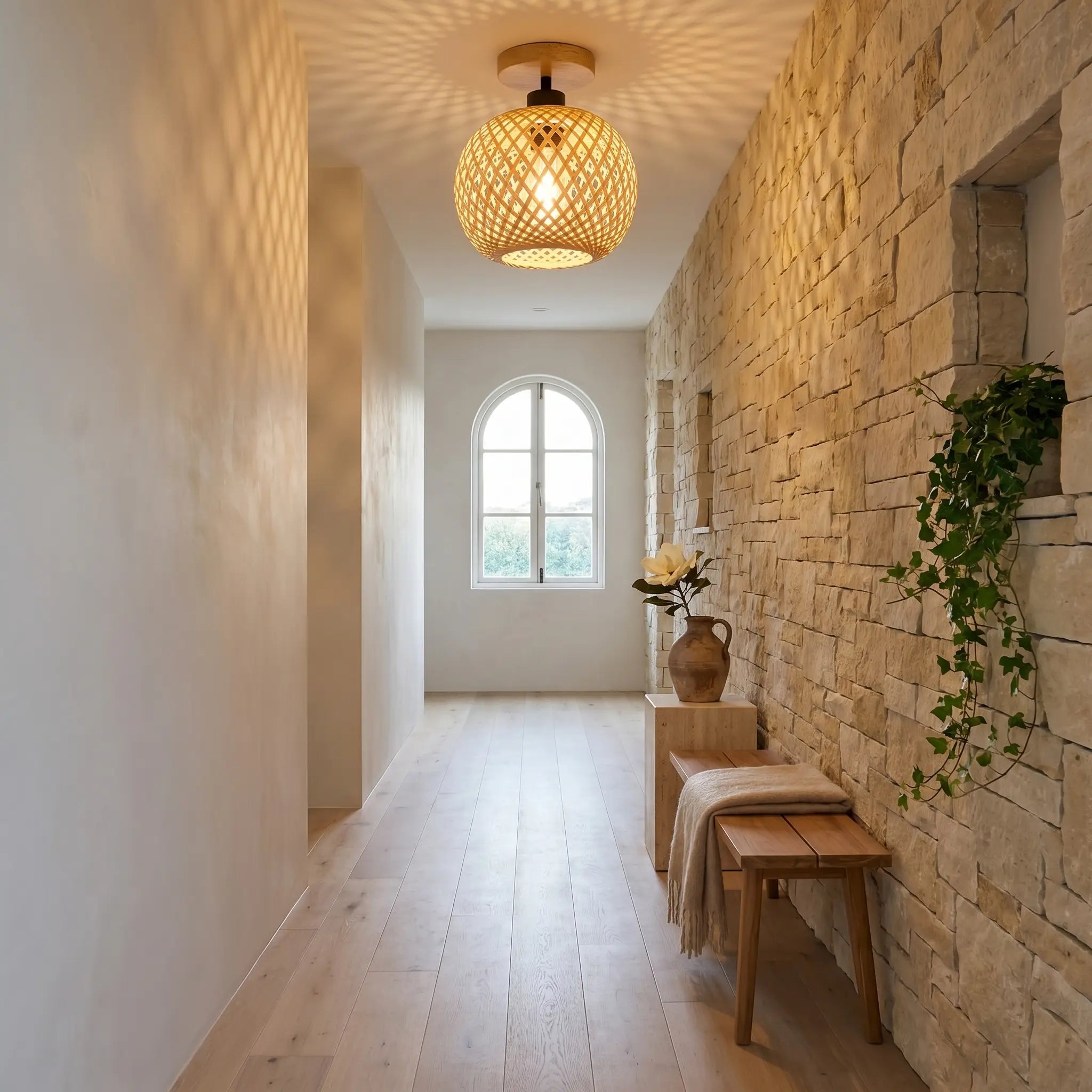 Pastoral bamboo wood spherical incandescent ceiling light over-the-shoulder view with warm light in stone corridor flush mount style