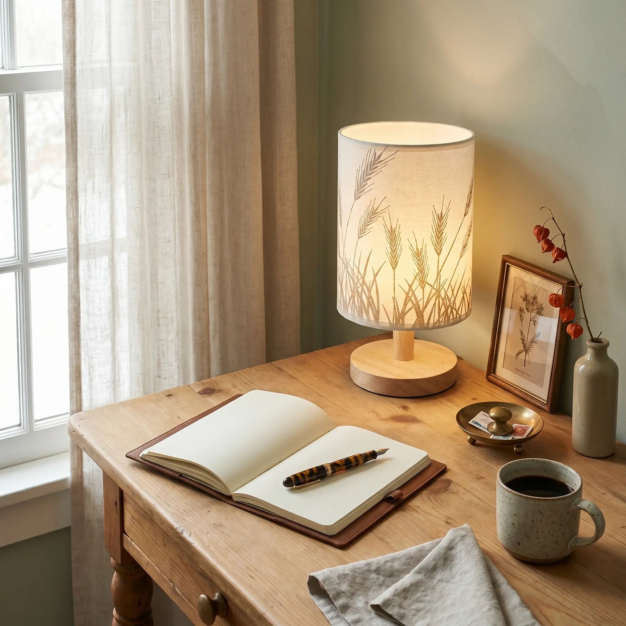 Lifestyle scene — Solid Bamboo Wood Linen Fabric USB Rechargeable Adjustable LED Table Lamp
